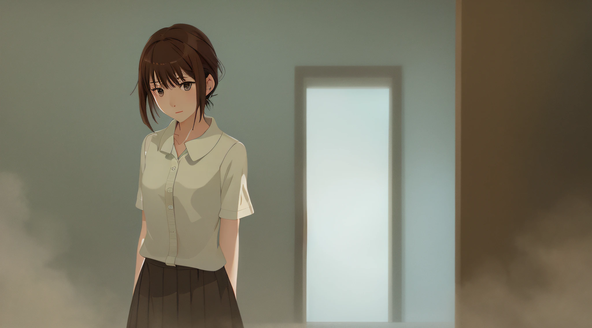 Detailed and perfect anime style illustration, brown short hair, very cute young woman, perfect round eyes, female focus, solo, wearing gray shirt and gray long skirt. Daydream, mysterious background surrounded by brown cracked walls, dramatic and fantastic fog, dramatic lighting Makoto Shinkai