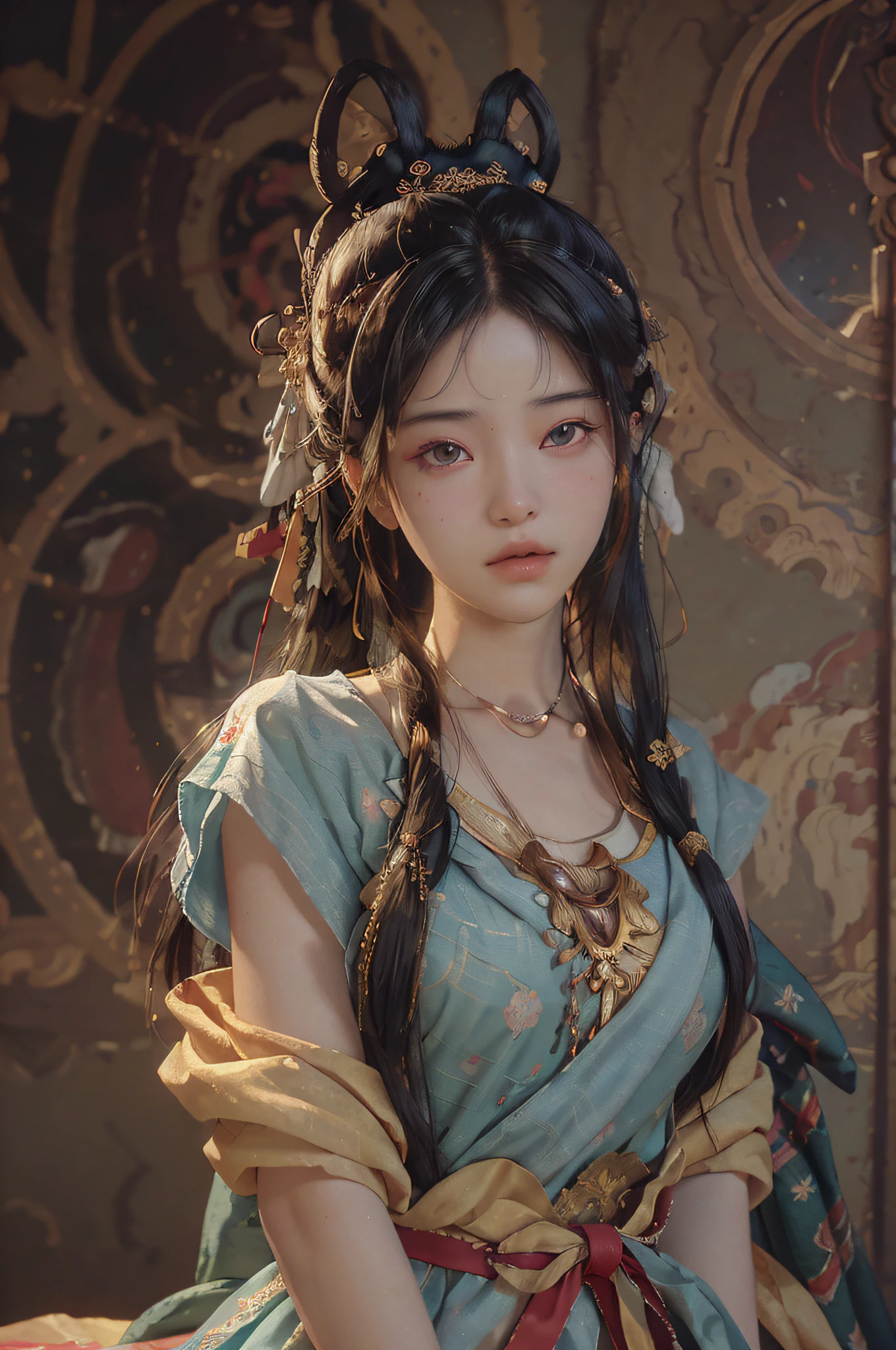 (RAW photo, best quality), (realistic, photo-realistic:1.3),best quality,highly detailed,masterpiece,ultra-detailed,illustration,1girl,upper_body,dynamic angle,world masterpiece theater,messy_long_hair,best quality,extremely detailed CG unity 8k wallpaper,ink,Amazing,cinematic lighting,lens_flare, dunhuang_style