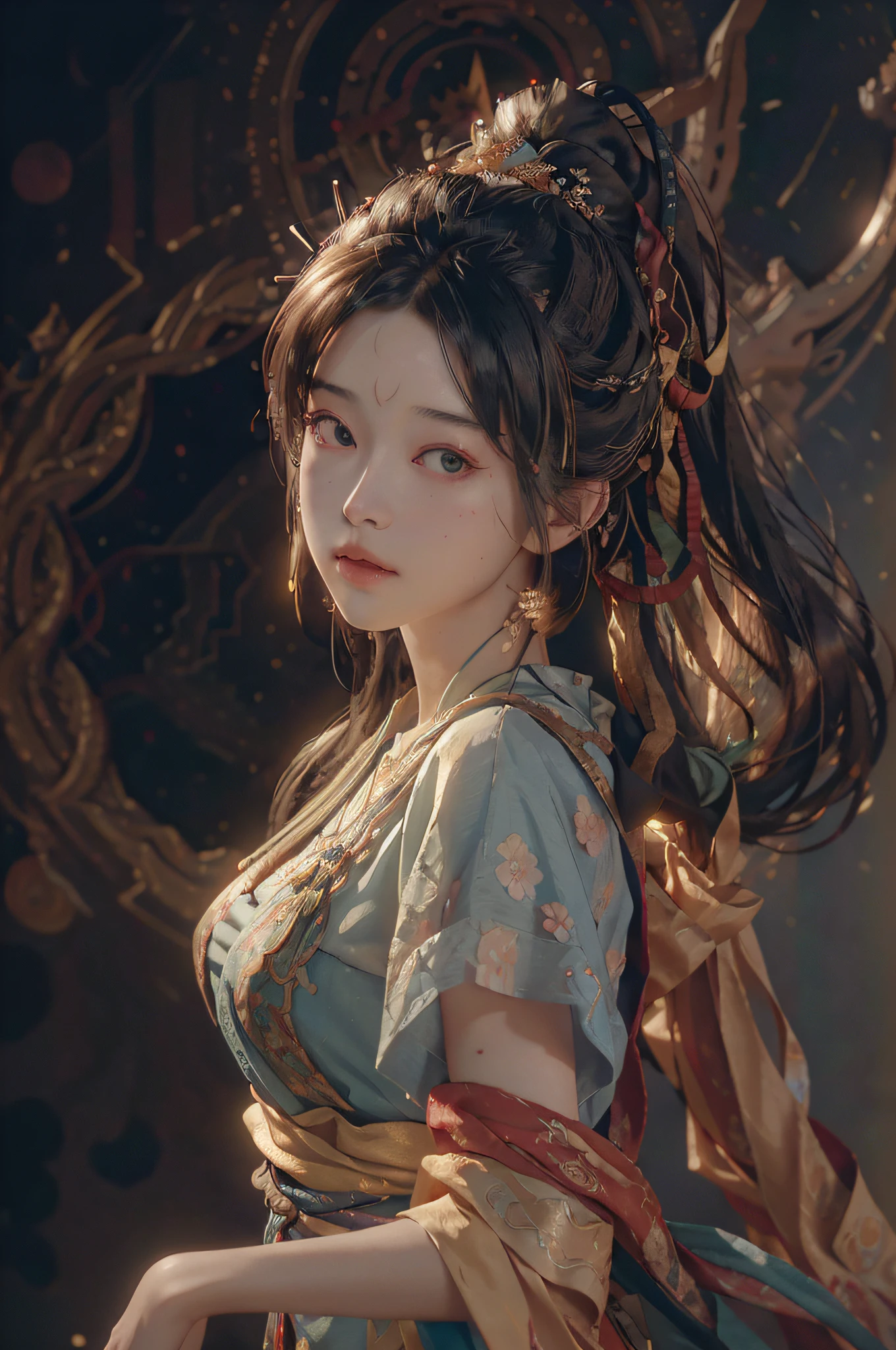 (RAW photo, best quality), (realistic, photo-realistic:1.3),best quality,highly detailed,masterpiece,ultra-detailed,illustration,1girl,upper_body,dynamic angle,world masterpiece theater,messy_long_hair,best quality,extremely detailed CG unity 8k wallpaper,ink,Amazing,cinematic lighting,lens_flare, dunhuang_style