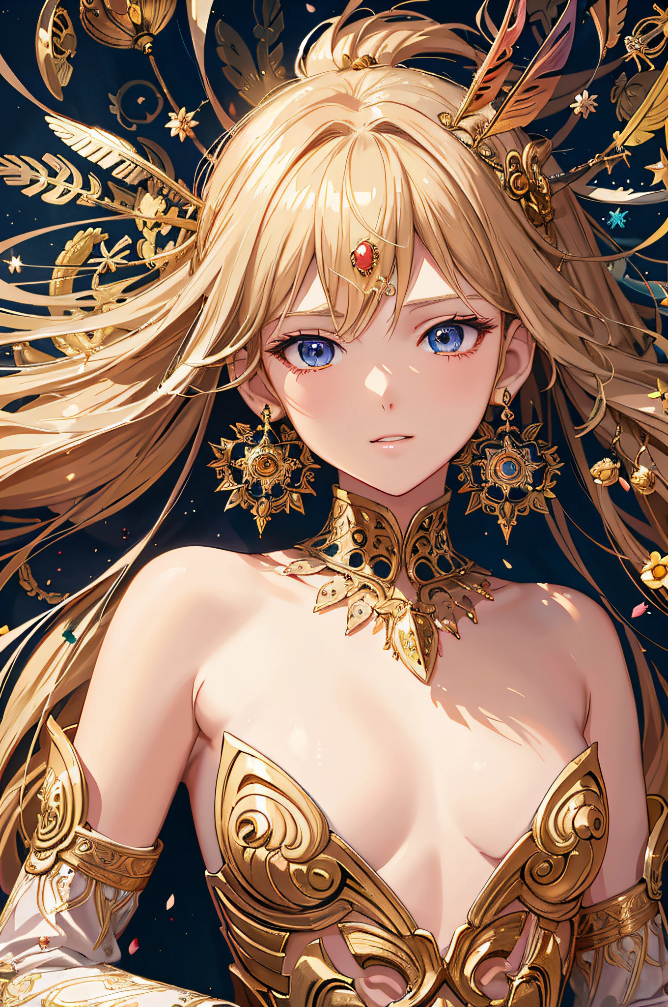 anime girl with long blonde hair wearing gold dress and jewelry, anime goddess, detailed digital anime art, portrait knights of zodiac girl, ((a beautiful fantasy empress)), a beautiful fantasy empress, anime fantasy illustration, detailed portrait of anime girl, detailed anime art, beautiful anime woman, beautiful fantasy anime, beautiful anime girl, beautiful alluring anime woman