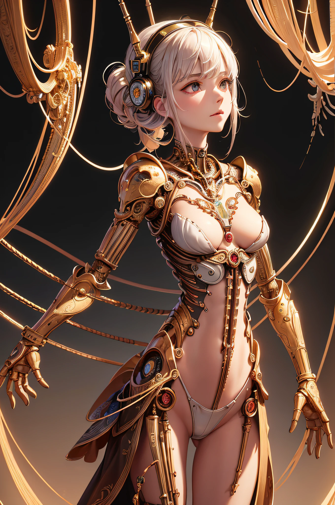 (((masterpiece))), (((best quality))), ((ultra-detailed)), (highly detailed CG illustration), ((an extremely delicate and beautiful)),cinematic light,((1mechanical girl)),solo,(cowboy shot:1.2),(machine made joints:1.2),((machanical limbs)),(blood vessels connected to tubes),(mechanical vertebra attaching to back),((mechanical cervial attaching to neck)),expressionless,(wires and cables attaching to neck:1.2),(wires and cables on head:1.2),(character focus),science fiction,extreme detailed,colorful,highest detailed, loongs,fengs,background,