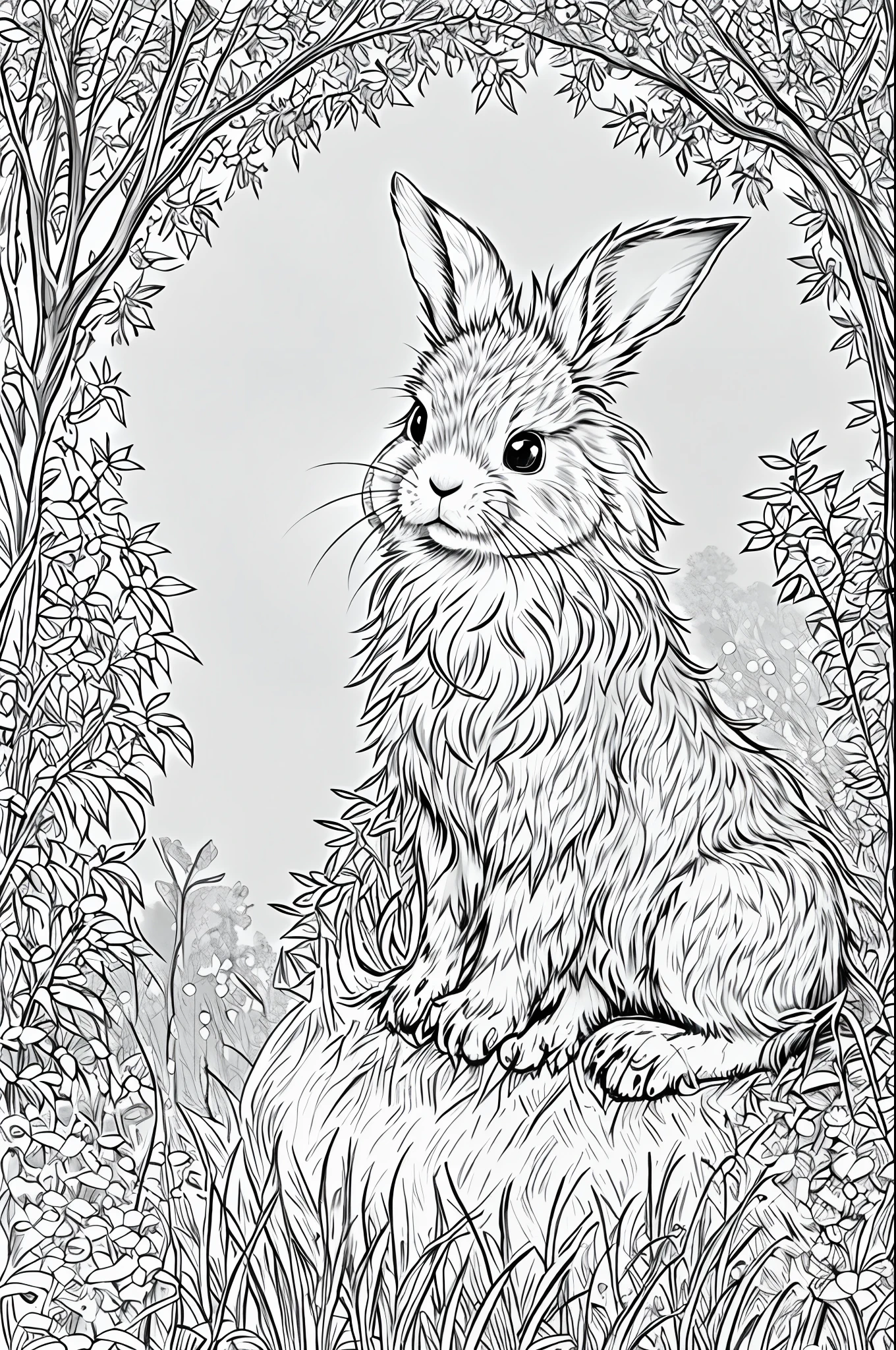 Highly detailed, coloring book style, cute rabbit in flower garden, chinese, monochrome