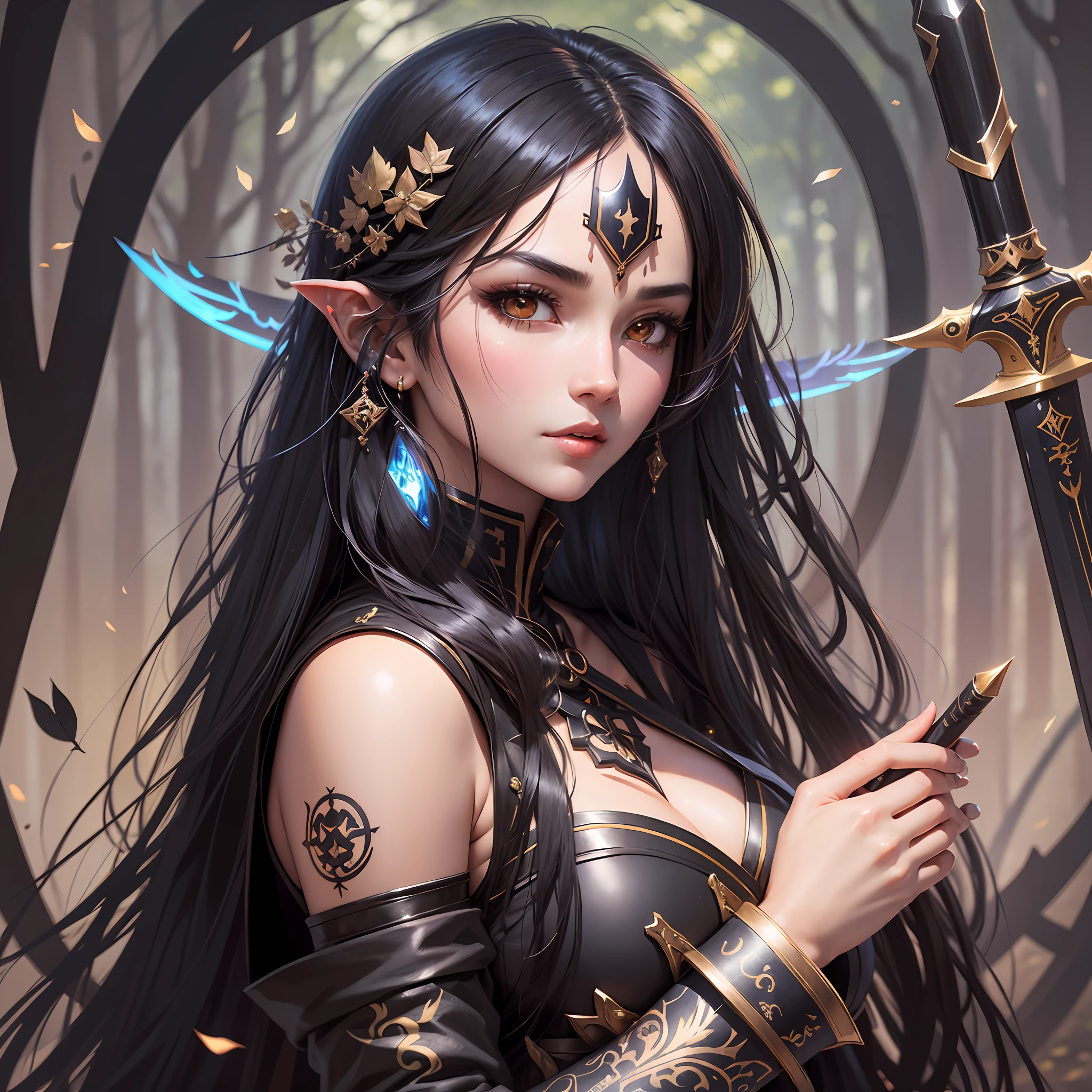 A closeup of a person with shiny black hair and a sword, deity, forest spirit, long black hair, long black hair, guweiz, beautiful girl, enchanted in demon slayer art, beautiful character painting by Yans J, straight black hair, guweiz in pixiv artstation, character with well-detailed brown face and eyes,   Detailed brown eyes --auto --s2