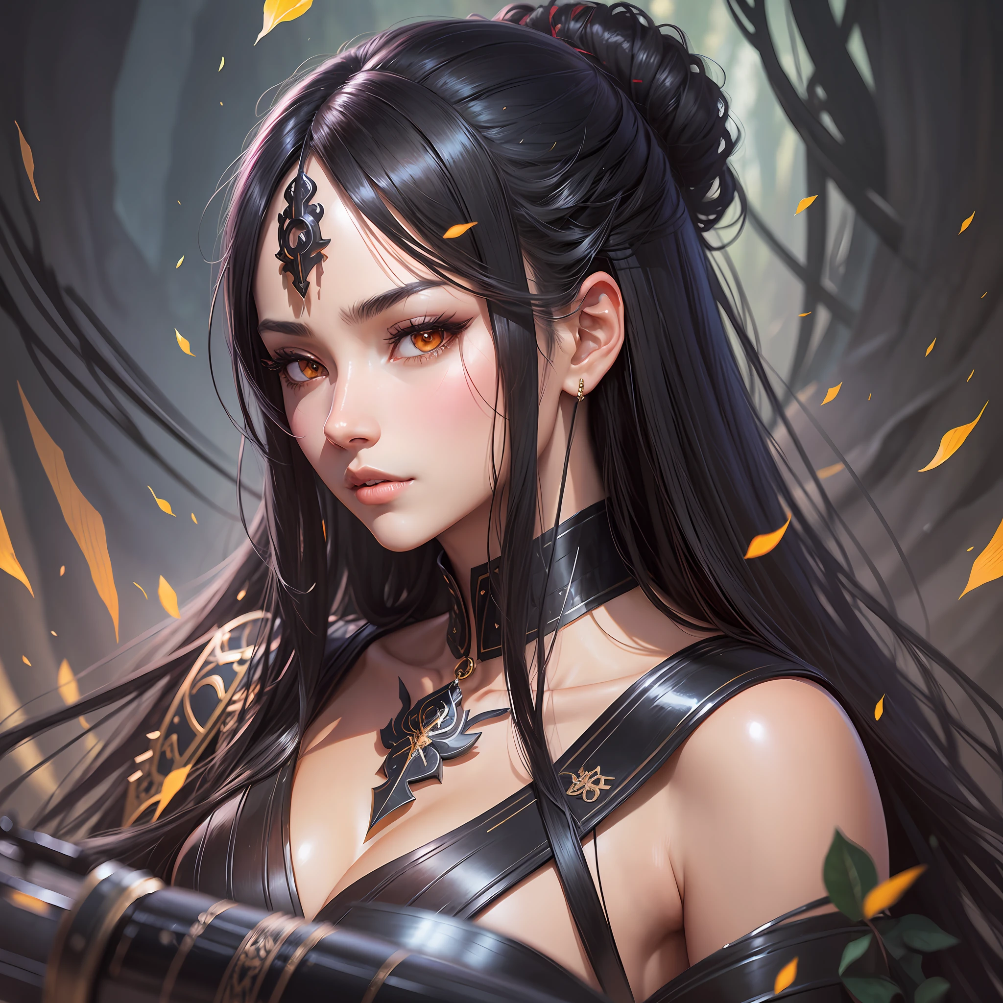 A closeup of a person with shiny black hair and a sword, deity, forest spirit, long black hair, long black hair, guweiz, beautiful girl, enchanted in demon slayer art, beautiful character painting by Yans J, straight black hair, guweiz in pixiv artstation, character with well-detailed brown face and eyes,   Detailed brown eyes --auto --s2