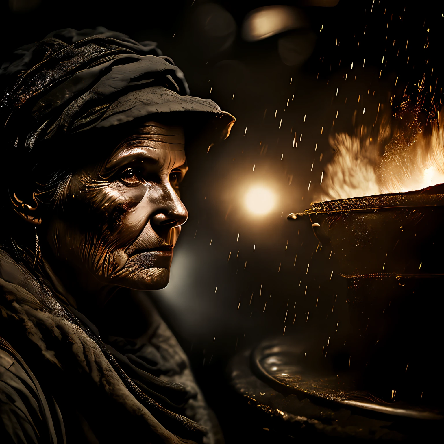 macro crisp quality, wet plate photograph close up of black factory femal worker in Victorian era boiler room, rough skin, sad eyes, sparkles, age 64, coal dust in the air, unreal engine, UE5, cinematic, very detailed, sony A7iii, 85mm prime, f/1.8, octane render + hyper realistic, Photograph