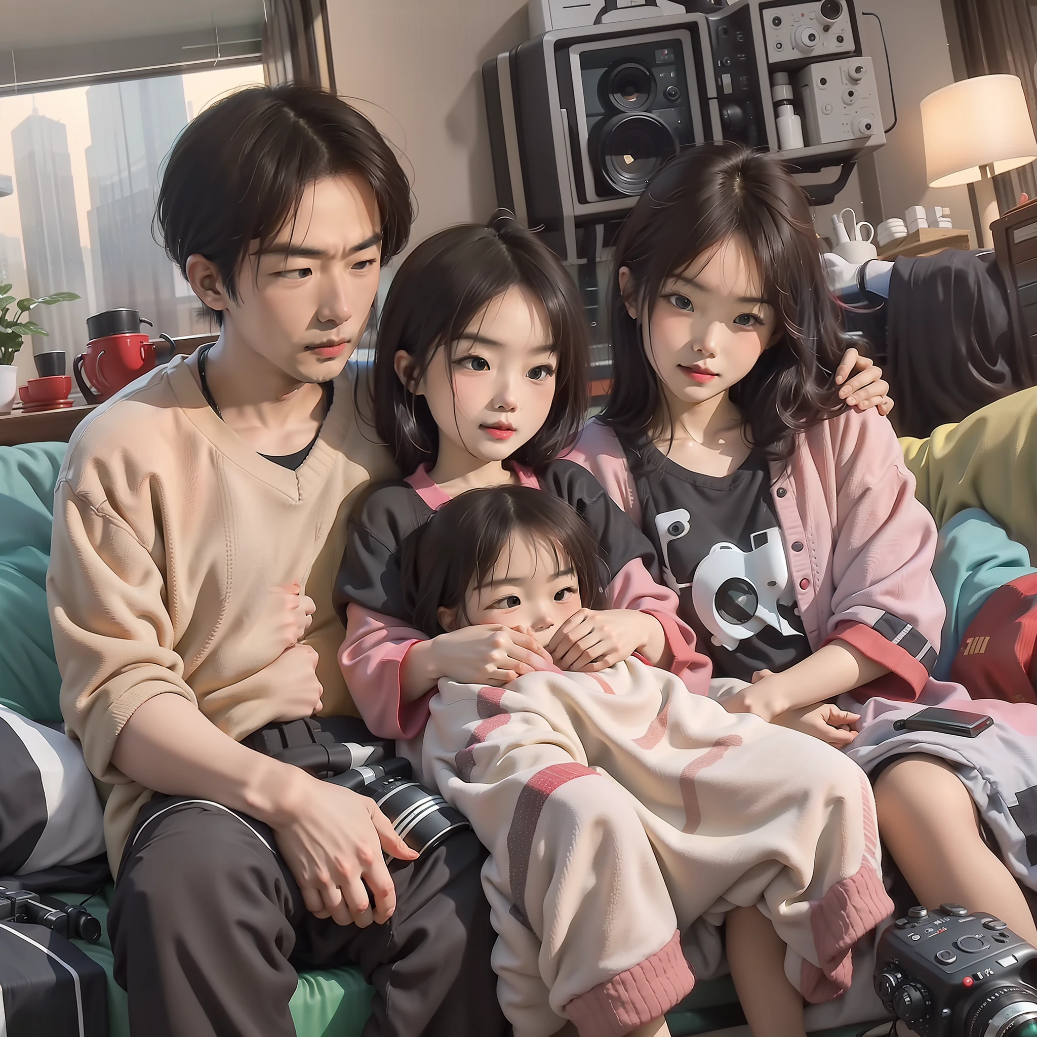 Chinese family sat on the sofa, feel the fast and happy life brought by 5G life together, two children, a boy, a girl, on the left side of the sofa sits grandma, next to the boy snuggled next to grandma, on the right side of the sofa sits grandpa in the middle of the girl, dad, mother standing behind the sofa, 8k photos, advertising images, family portraits, HI-Res scan, high resolution scan, TV still images, TV shows, TV, photos taken with Canon EOS-1D X Mark III, warm light, Full HD .1080P, 2K, 4K, 8K, Extreme Detail, APS-C format camera, refers to a camera with a sensor size smaller than a full-frame camera