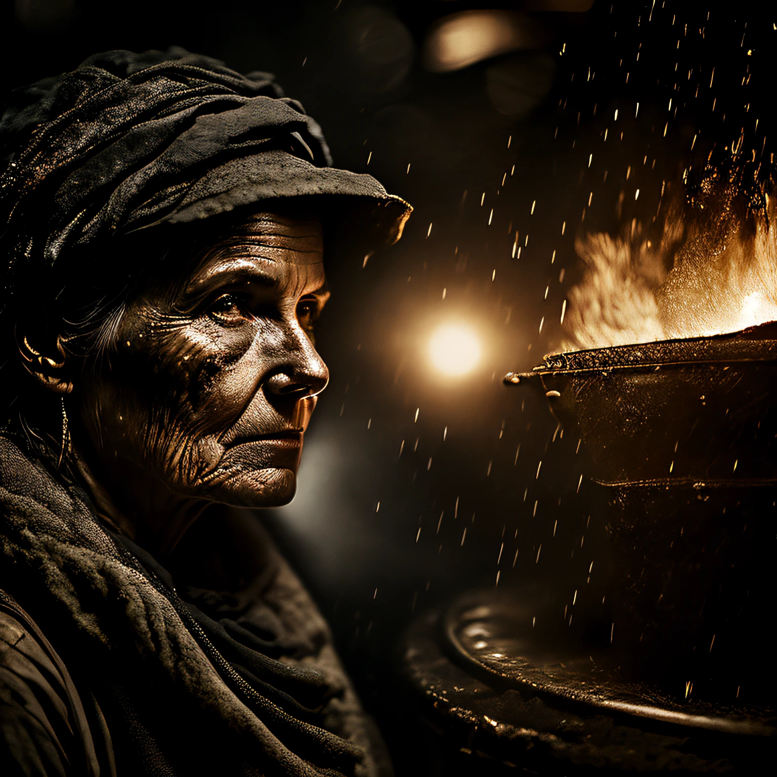 macro crisp quality, wet plate photograph close up of black factory femal worker in Victorian era boiler room, rough skin, sad eyes, sparkles, age 64, coal dust in the air, unreal engine, UE5,  cinematic, very detailed, sony A7iii, 85mm prime, f/1.8, octane render + hyper realistic, Photograph