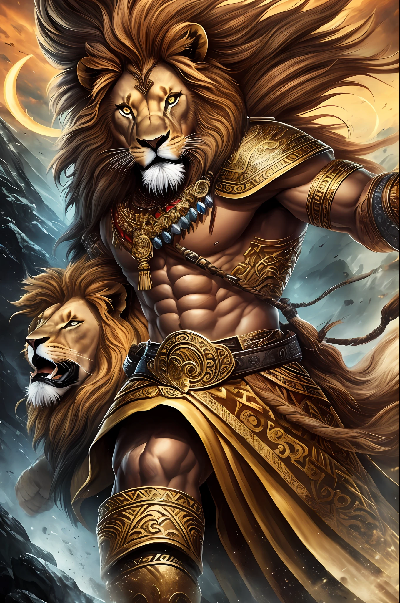 A lion warriors with the camera focused on his fierce face, well caricature, game style, high definition and richness in detail --auto --s2