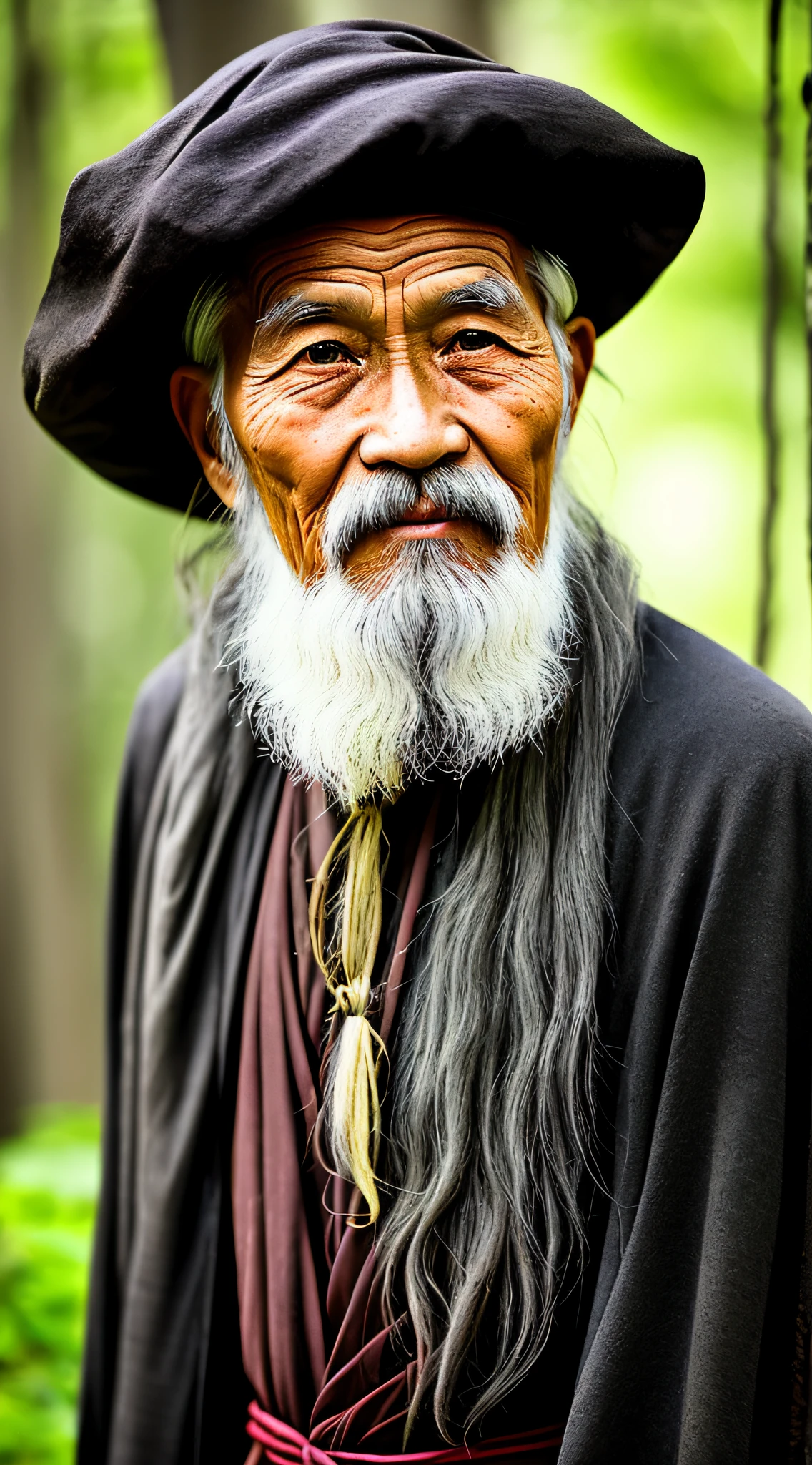 Portrait photography style, world masterpiece, super unique high professional digital art, film format, hyper-realism, color film photography with ultra-fine details and quality, background is deep in the forest, an old man in rural China, an old man with wisdom. He had long hair and a shawl, a long white beard, and kind and shrewd eyes. His skin has been blackened and powerful by the sun and rain, and the wrinkles are fixed on the corners of his mouth and forehead, making it seem that his years have precipitated. Although wearing a dark gown, although simple in appearance, it exudes sublime wisdom and a sense of tenacity of strength.