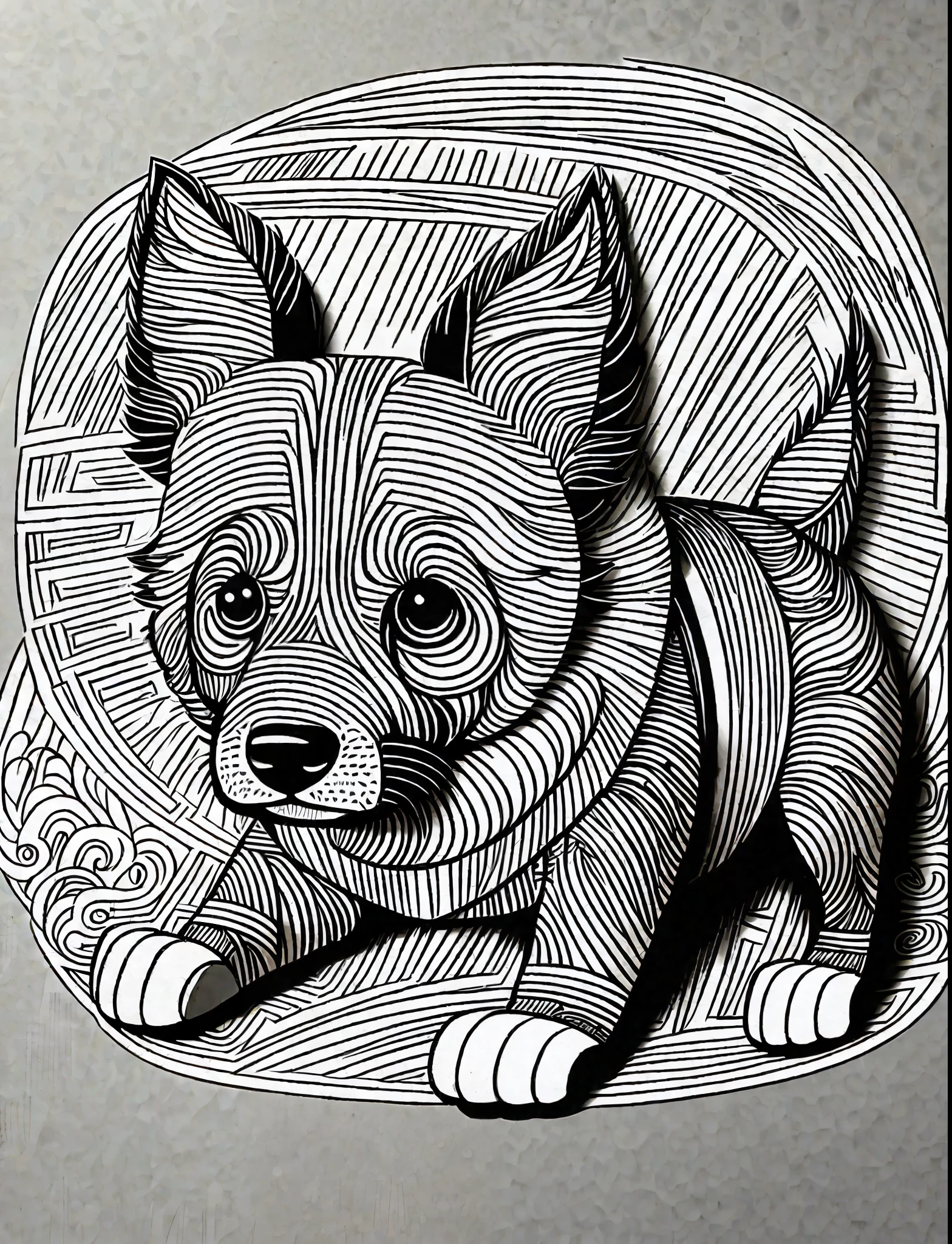a Brazilian Terrier style dog, fantasy, magical, mystical, unusual, black and white, wavy lines, realistic line art drawing, coloring book page, no noise, sharp thick lines, contour art, centered image, isolated on a white background --auto --s2