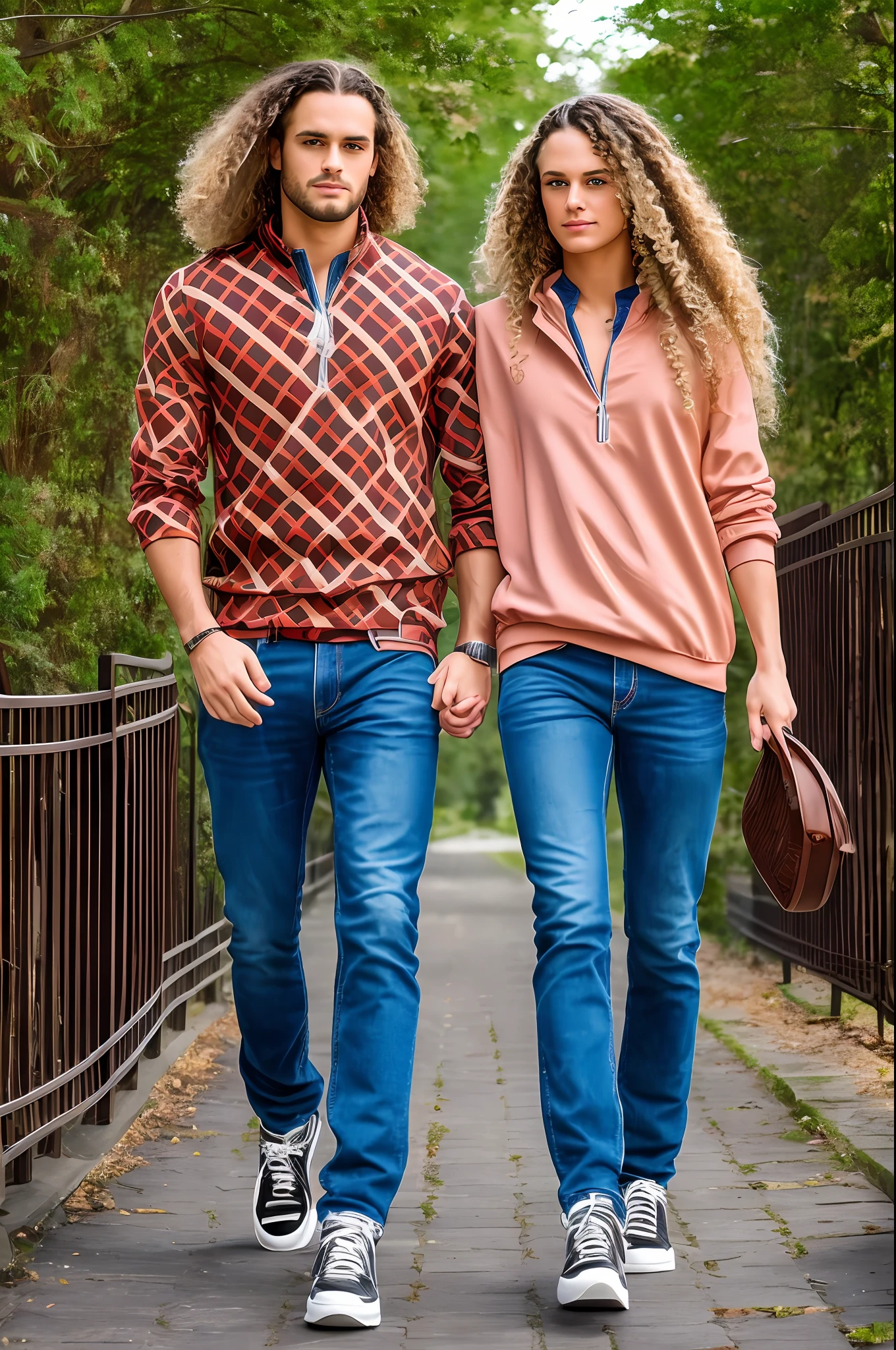 **A man, Hypernatural, couple strolling together, ((Perfect anatomically)) with blond hair and beautiful, delicate green eyes, looking at the audience. He has one ((Full Body: 1.2)), is holding hands with the bride ((Western)), ((brunette with long hair with curls)) happy, love is in the air, natural light, walking through the park, many trees of all colors, illustrations, 8 wallpapers, ultra-detailed, full body portrait, best photos, images without anatomical errors, wrong paths, intricate details of the highest quality, perfect and symmetrical face, perfect and symmetrical hands, symmetrical faces, symmetrical lips, symmetrical eyes, symmetrical heads, tanned skin, auto, sportswear, jeans, sneakers, s2-upscale, air 3:2 L, 3D, error free.** --auto --s2