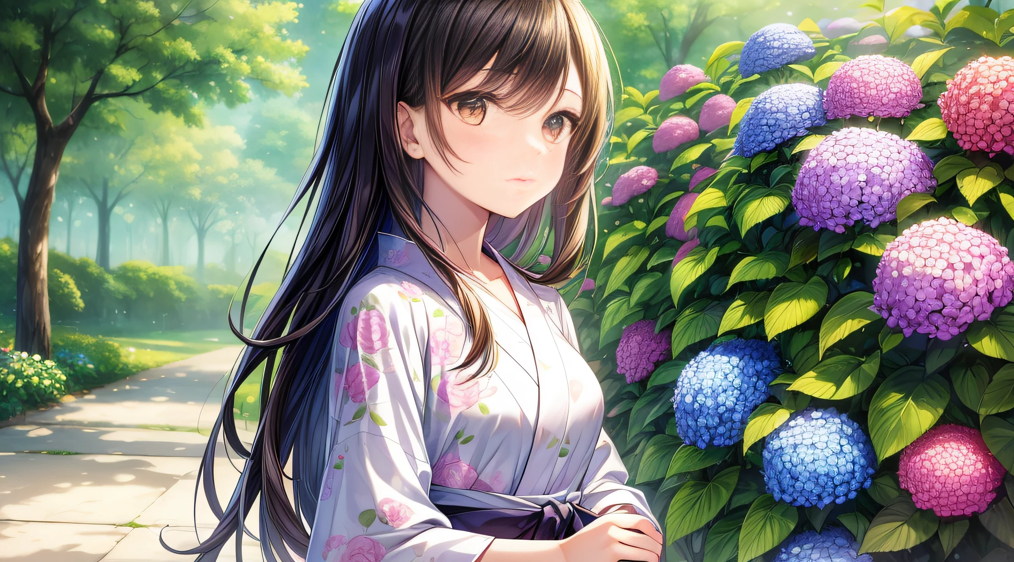 ((Masterpiece)), ((Best Quality)), ((Perfect Lighting)), Illustration, Perfectly drawn Eyes, Detailed Eyes, 8K, Official Wallpaper,
standing, cowboy shot, side view, looking far away, looking away, simple background,
((1 girl)), Solo, Cute, 20 years old, Black Long Straight Hair, Brown Eyes, Middle Chest, Sad,
Morning glory print on white and pink yukata, hydrangea blooming on the promenade of the park,