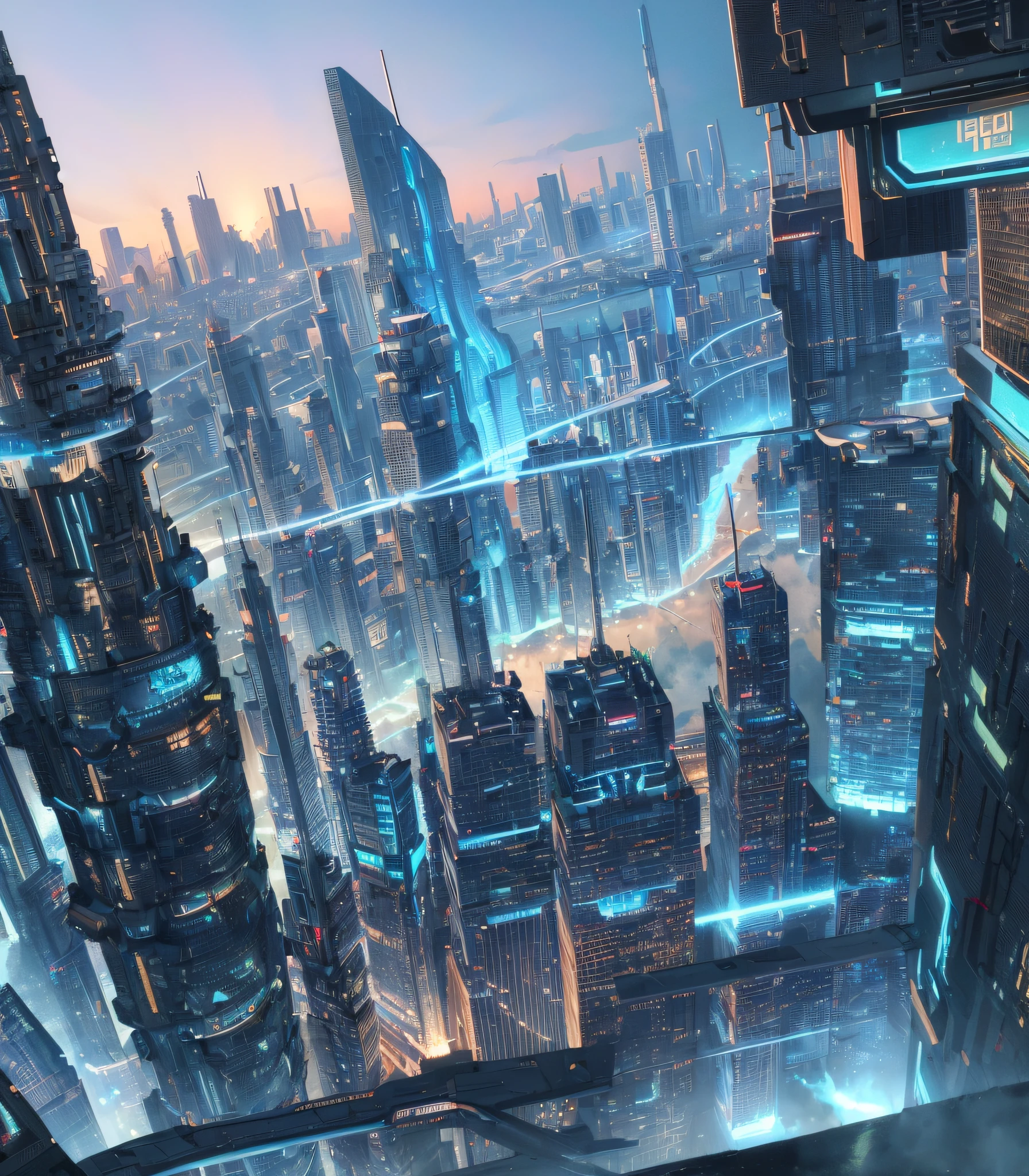 Future cityscapes, ((Cyborg)), (irregular architecture), machinery, (cyberpunk), (hovering trains), drones, realistic lighting, (abyss) masterpieces, high quality, beautiful graphics, high detail, (futuristic city), (intelligent), (humanized), (digital), (diverse) city, (looming flying saucers and spaceships in the sky)), vision (wide-angle lens), ultra-high resolution (realism: 1.4), ultra-high quality, extremely detailed CG Unity 8k wallpapers, aesthetics, award-winning photography, realism, high detail, detail enhancement, blur removal, intricacies, travel art. Visually stunning. Beautiful futuristic city, beautiful city, Chinese dream land, pexels, blue hour photography, Chinese dreamland, spectacular clouds, fantasy clouds.