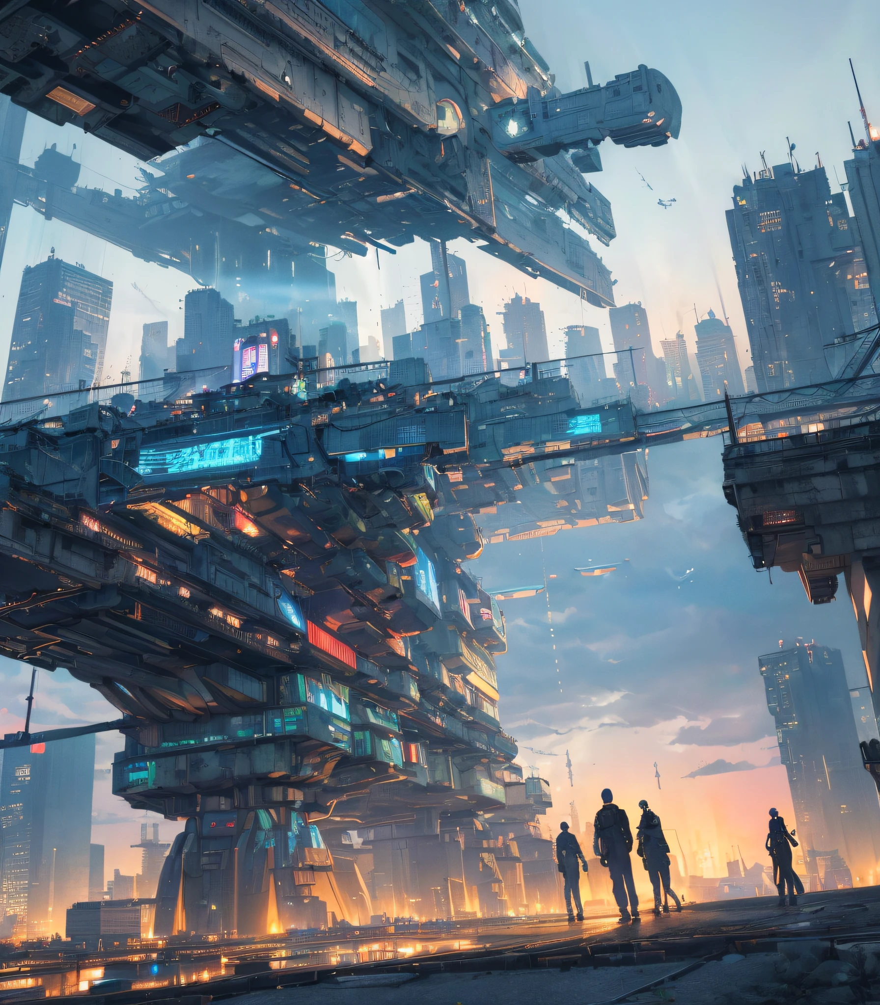 Future cityscapes, ((Cyborg)), (irregular architecture), machinery, (cyberpunk), (hovering trains), drones, realistic lighting, (abyss) masterpieces, high quality, beautiful graphics, high detail, (futuristic city), (intelligent), (humanized), (digital), (diverse) city, (looming flying saucers and spaceships in the sky)), vision (wide-angle lens), ultra-high resolution (realism: 1.4), ultra-high quality, extremely detailed CG Unity 8k wallpapers, aesthetics, award-winning photography, realism, high detail, detail enhancement, blur removal, intricacies, travel art. Visually stunning. Beautiful futuristic city, beautiful city, Chinese dream land, pexels, blue hour photography, Chinese dreamland, spectacular clouds, fantasy clouds.
