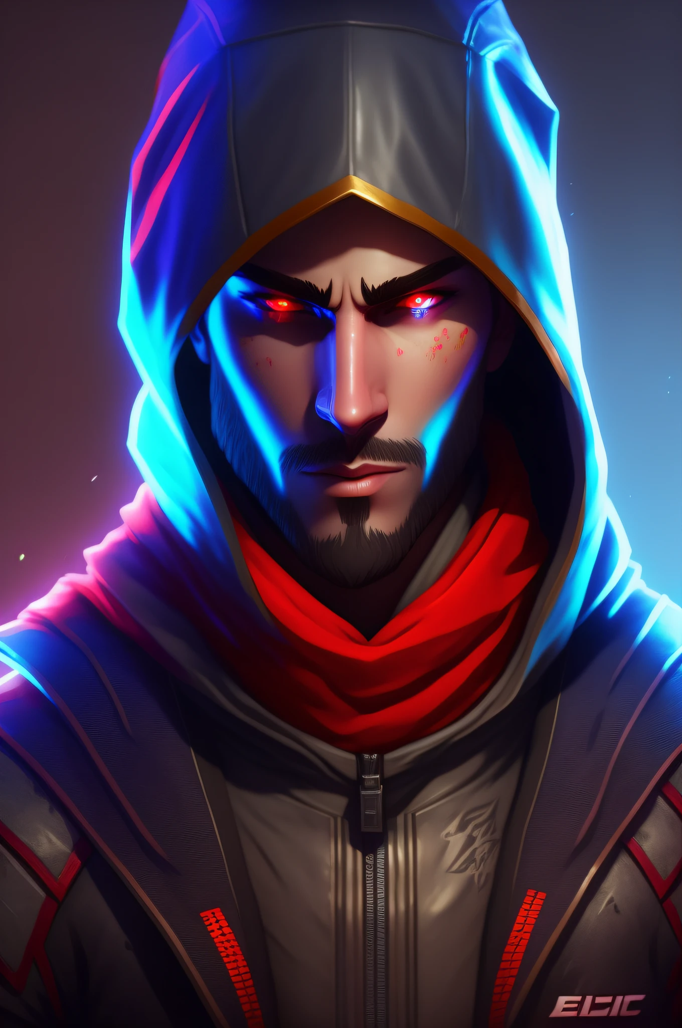 A closeup of a hooded white man with bright eyes, epic character portrait, epic portrait illustration, epic digital art illustration, epic game portrait, Fortnite art style, epic RPG portrait, Fortnite character, Unreal 5. rpg portrait, epic full face portrait, epic art style, detailed character portrait, darksynth character portrait, character art portrait, painted character portrait --auto --s2