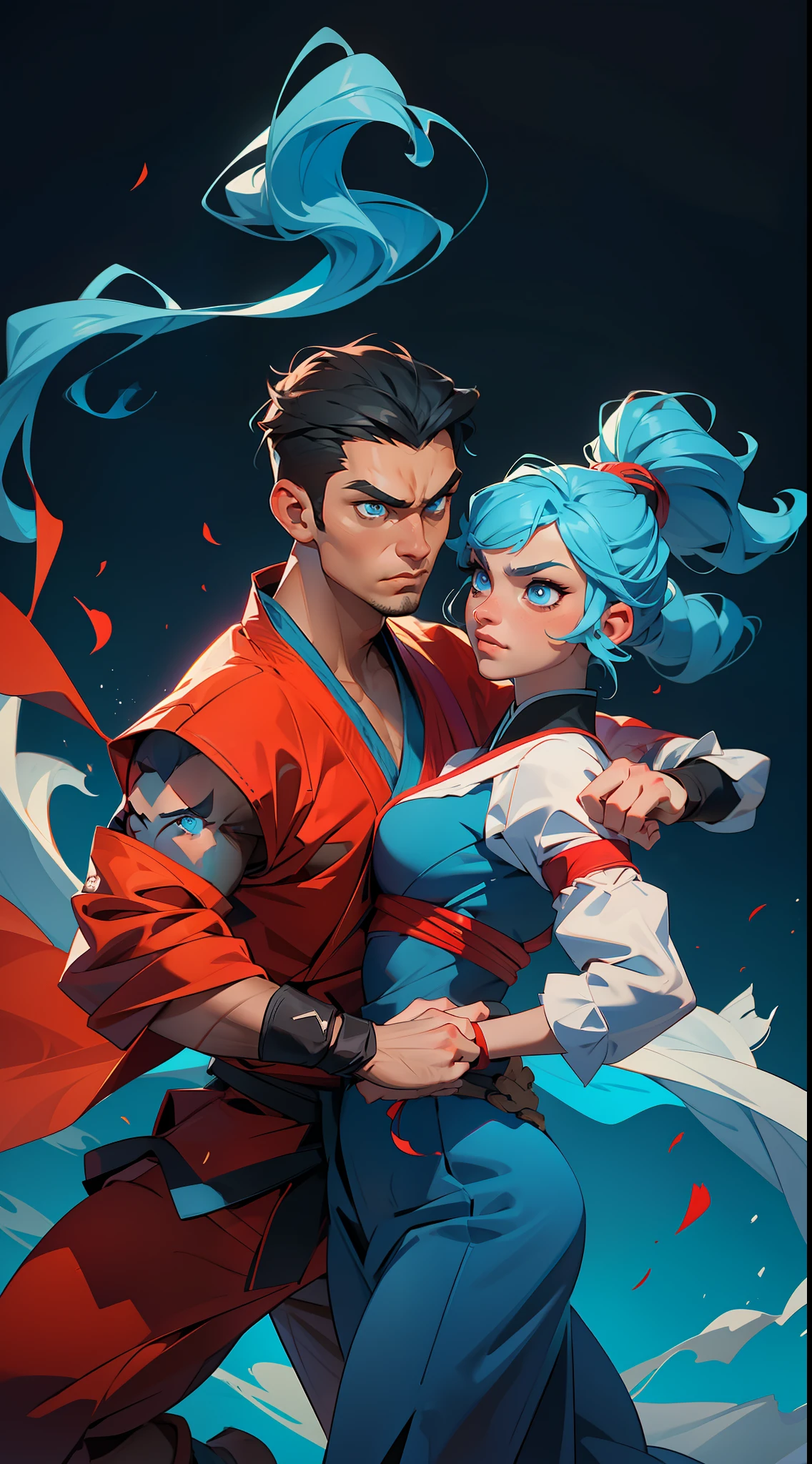 "Intense martial arts action awaits with our (1.2)marital arts fighter, perfectly accentuated by their (1.2)vibrant hair. Catch the fire in (bright blue)eyes as they take on any challenge with (dynamic)pose and fast-paced movements, all searing under the heat of (intense)lighting."