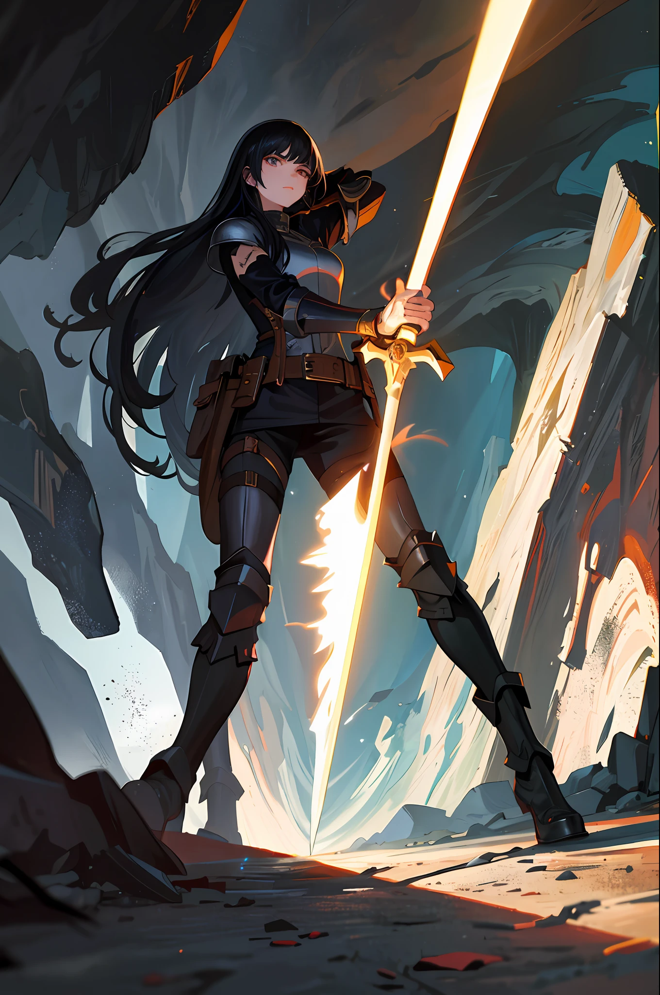 (masterpiece, best quality),1girl with long black hair holding a steel sword inside a cave, helmet, armor, boots, glove, torch, perspective, flash point, dark, stones, naturalism, realism, fantasy, perspective, fog, fog, capricious, adventurous