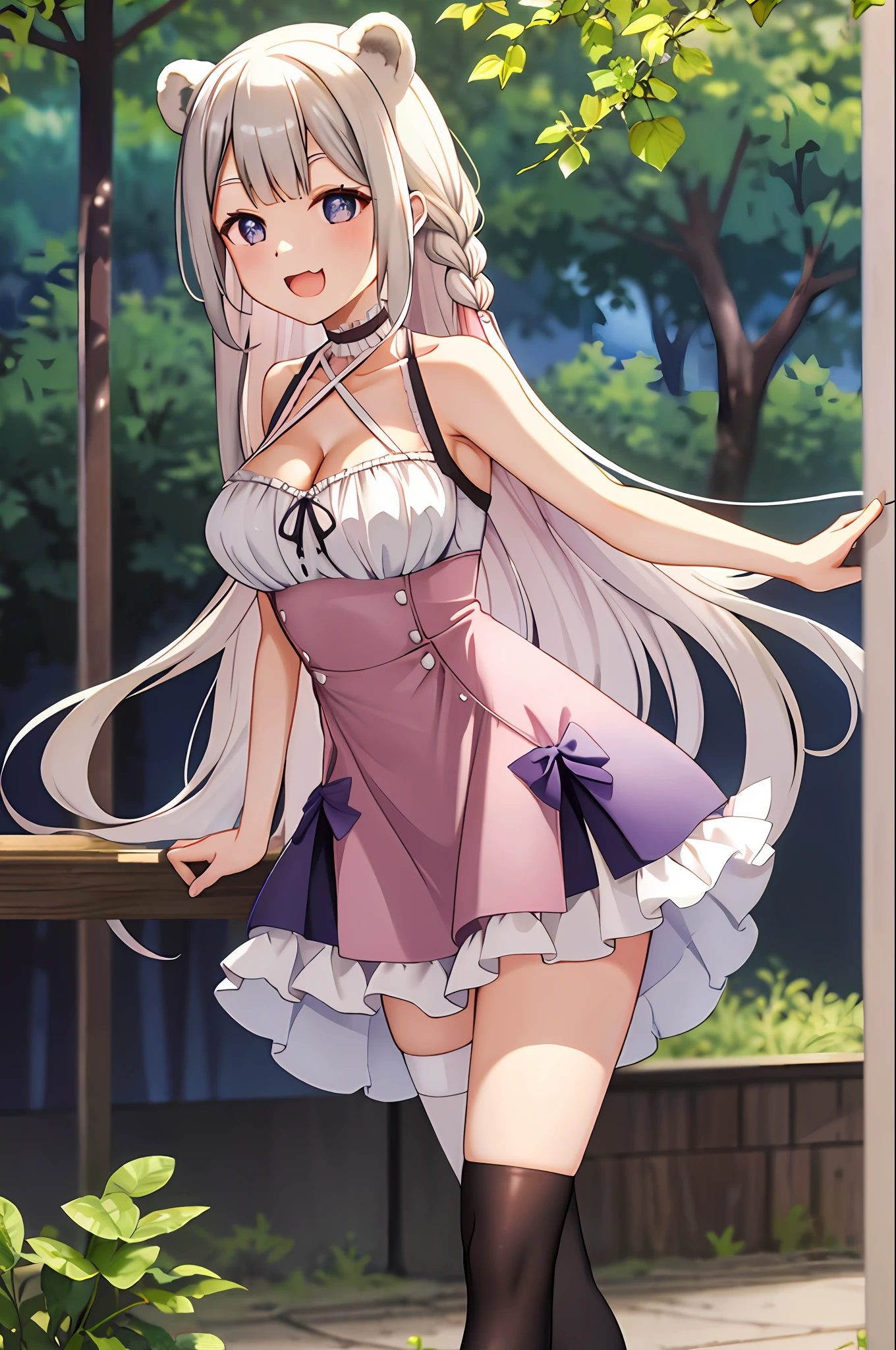 (leaning over:1.4), (masterpiece:1.2, best quality), (real picture, intricate details), 1girl, solo, absurdres, cowboy shot, standing, outdoors, :3, smile, bear girl, bear ears, ((light pink dress)), white thighhighs, platinum blonde hair, gray blue eyes, long hair, strawberry choker, smile, open mouth, one fang, large breasts, cleavage, sleeveless dress, arms behind back,