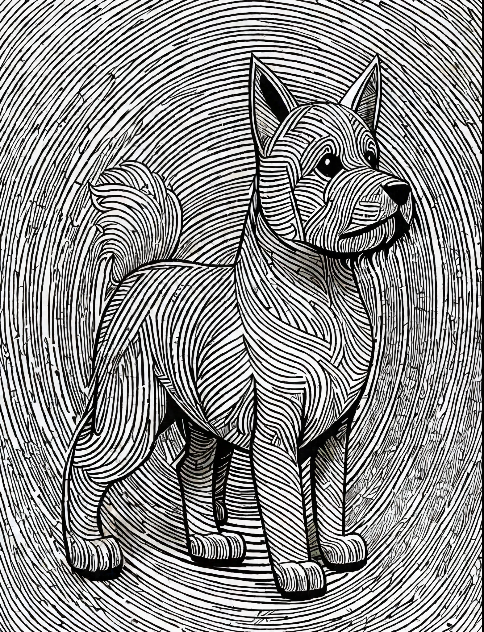 a Brazilian Terrier style dog, fantasy, magical, mystical, unusual, black and white, wavy lines, realistic line art drawing, coloring book page, no noise, sharp thick lines, contour art, centered image, isolated on a white background --auto --s2