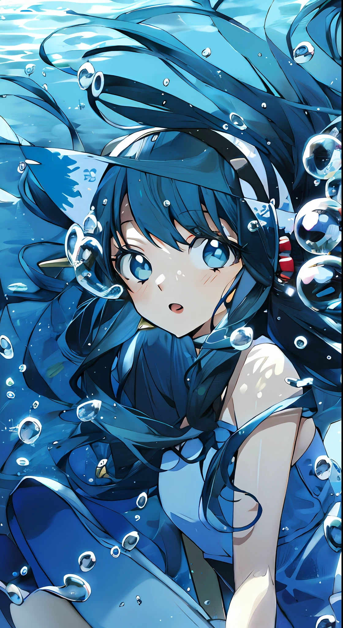 Anime girl with long hair and hat underwater, blue water, bubbles, cartoon style