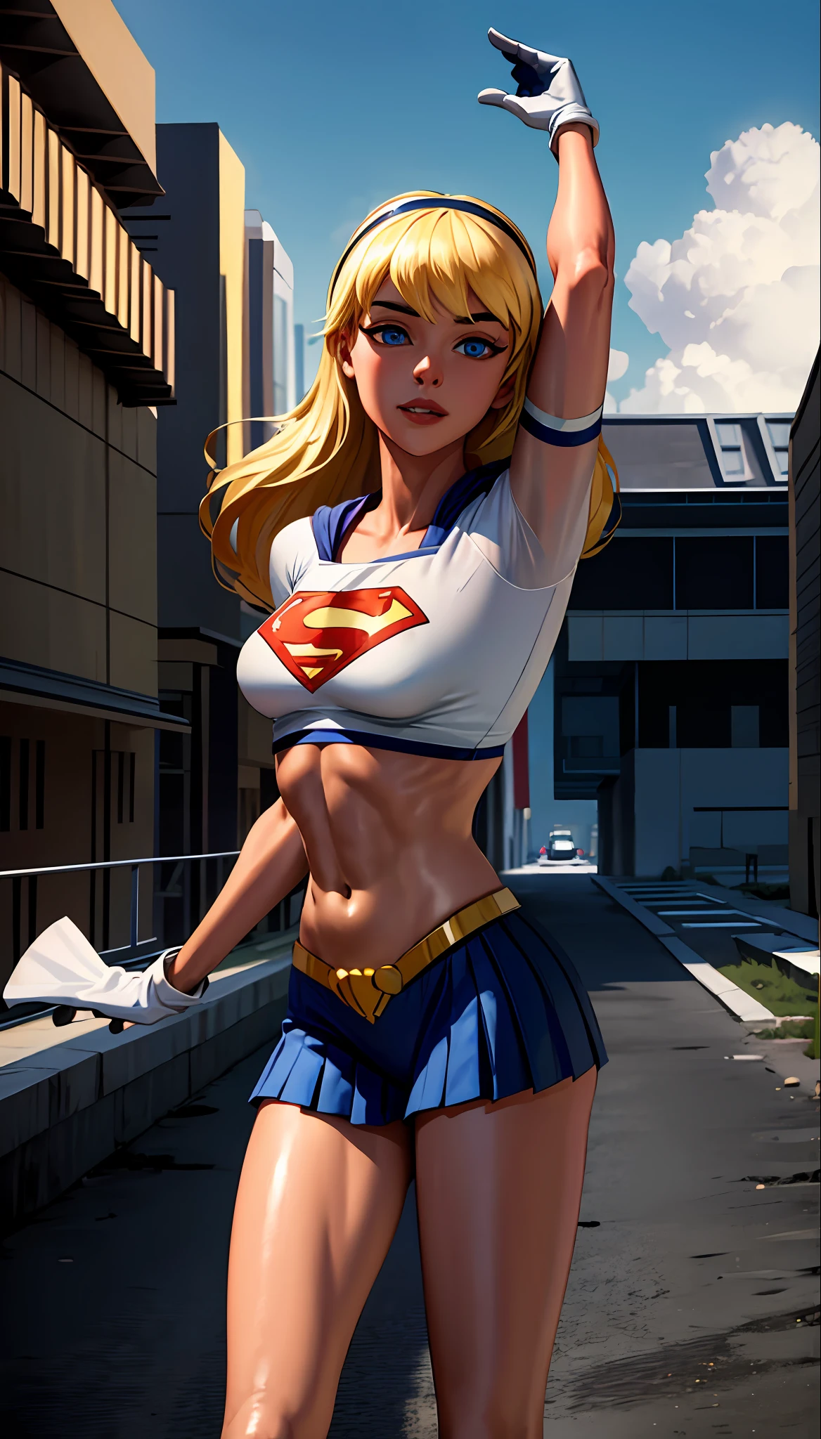 (cowboy shot), SFW, (masterpiece), (best quality: 1.0), (ultra highres: 1.0), detailed eyes,
BREAK
Supergirl, 1girl, long blonde hair, in the air, flying
hair band, \(blue\) crop top, bra, cape, micro bikini, gloves, boots
BREAK
(Morning sun, beautiful beaches, beautiful trees, stunning view)