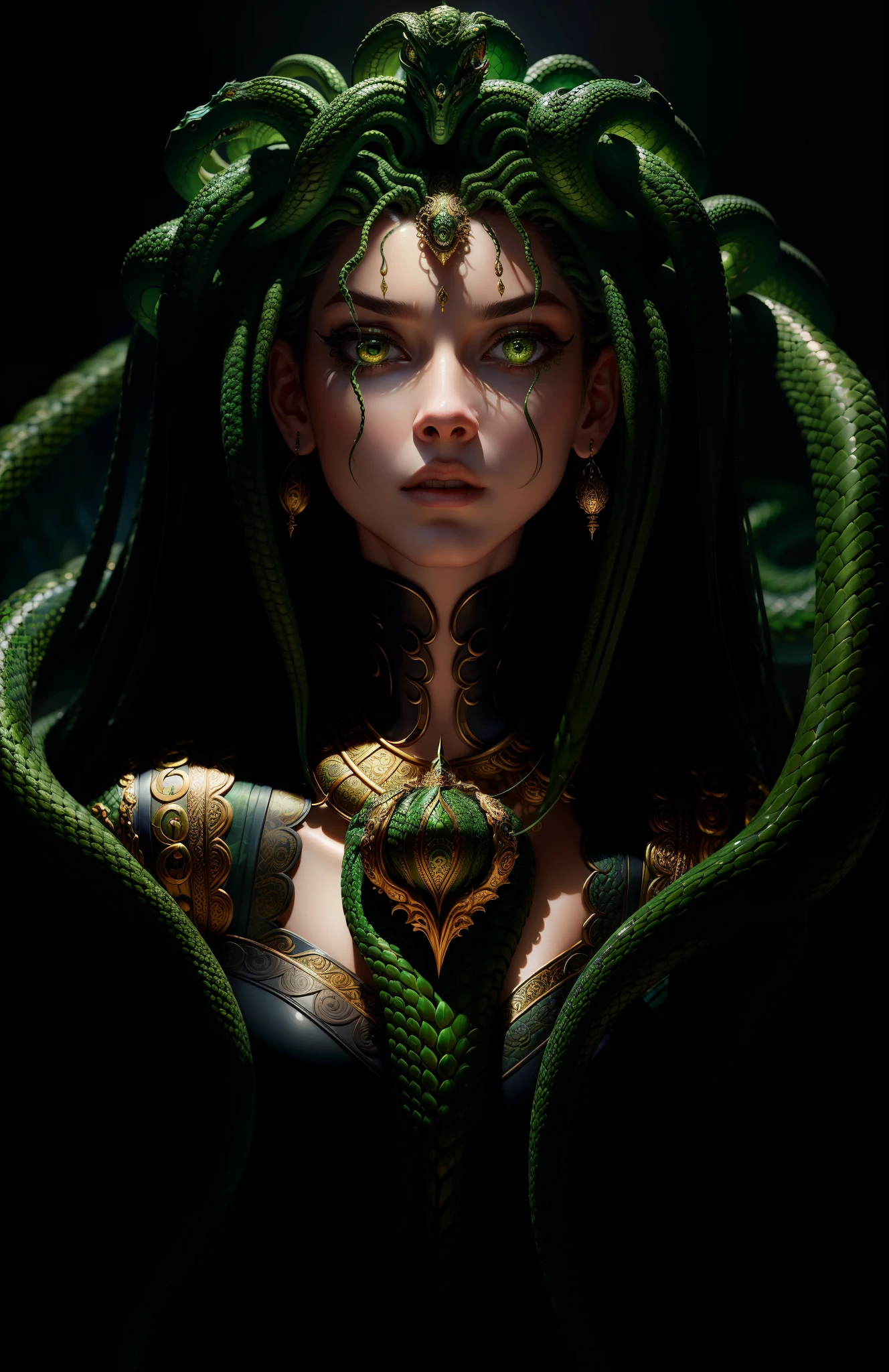 ((best quality)), ((masterpiece)), ((realistic)), Medusa, full body, the hair is composed of countless small snakes, green eyes, female face, metal carved top, royal aura, trend on artstation , sharp focus, studio photo, intricate detail, very detailed, detailed eye, illustration, very detailed, sharp focus, digital render, professional, 4k