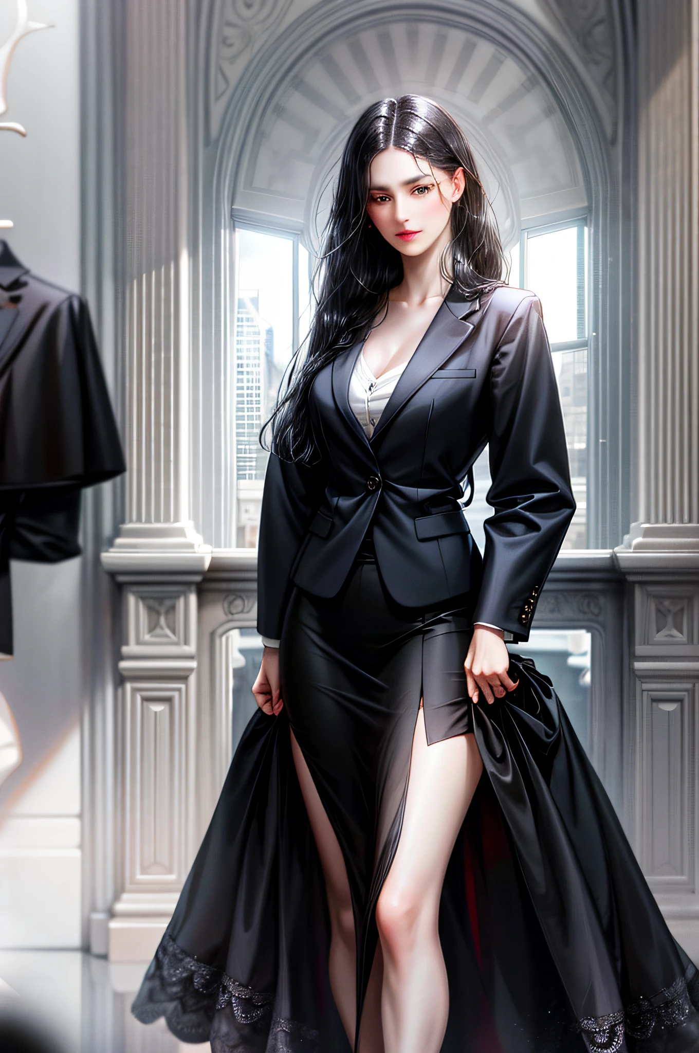 Girl with long straight black hair and brown eyes, beautiful, thin, flat, tall, wearing a businesswoman's uniform