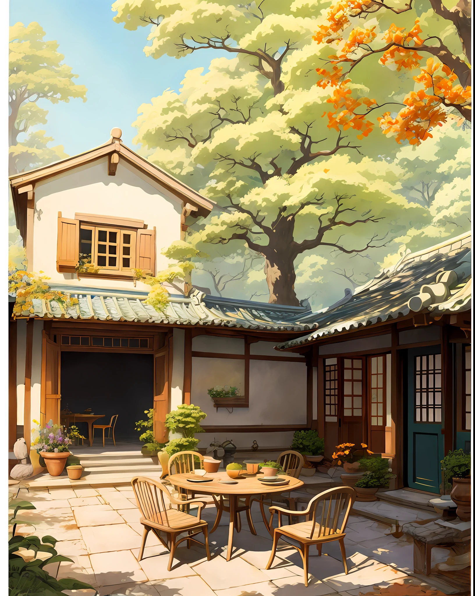 Draw a courtyard with tables and chairs and a tree, Chinese courtyard, the structure of the house is simple in Chinese, warm late autumn warm colors, tables and chairs in the yard, fruit plates on the table, flowers and plants around, beautiful artwork illustrations, landscape artwork, autumn, Zhou Chen, there is a persimmon tree, full of red persimmons, lens wide angle, far view, master works, anime background art, Studio Ghibli art, Studio Ghibli environment, beautiful digital painting, detailed scenery - width 672, Studio Ghibli style, Studio Ghibli Sunshine, beautiful digital artwork, painted by Ni Yuanlu, Studio Ghibli painting style