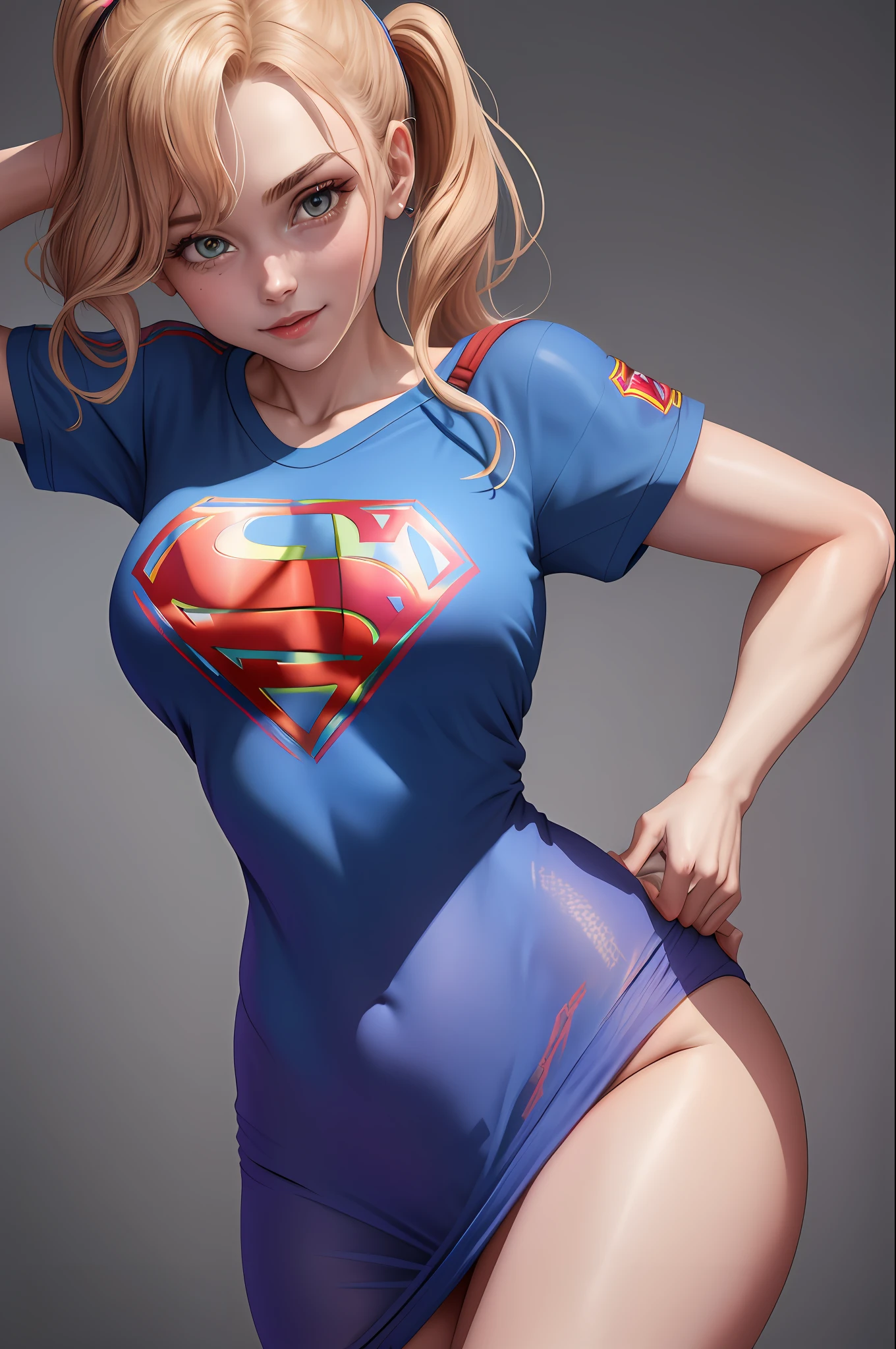 (8k, top quality, best quality, masterpiece, highly detailed: 1.2), supergirl,1girl,20 yeers old,huge breasts, ,wearing boyfriend shirt and panties, nso wears bra and nipple narching blouse,fitmes breasts,(naked shirt, shirt puller), shy, half smile, noon, bottom