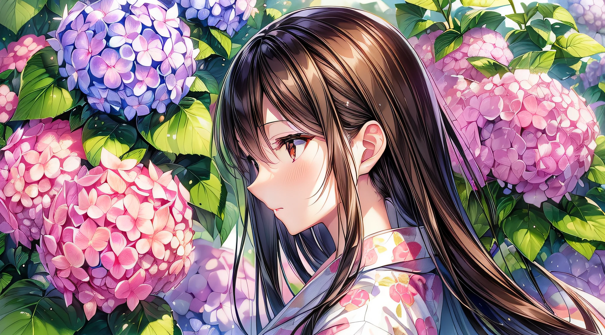 High resolution, high image quality, (((highest quality)), (((perfect lighting)), illustrations, detailed faces and eyes, 8K, official wallpaper,
standing, shooting of the upper body, side view, looking into the distance, ((looking away)),
One young woman, solo, beauty, long black straight hair, detailed brown eyes, middle breasts, lonely look,
Morning glory print on white and pink yukata, detailed background, hydrangea,