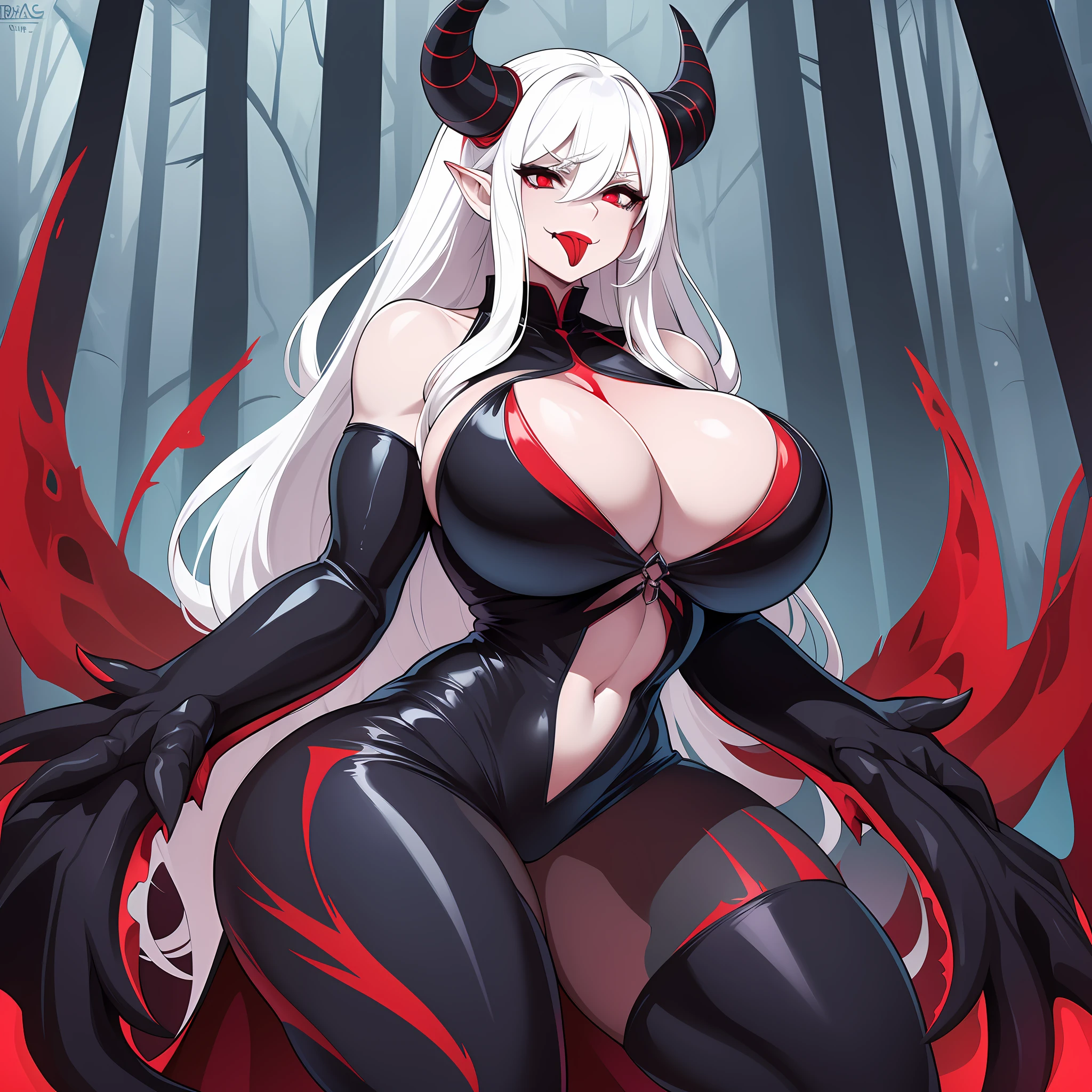 1girl, wendigo, huge breasts, long flowing dress, plump, deep cleavage, hair tied up, lipstick, bending over, gigantic breasts, sagging breasts, demon horns, blood, blood covered breasts, blood dripping from mouth, white hair, pale skin, red eyes, in dark forest, smug look, black claws, glowing eyes, milf, huge horns, monster hands, monster body, claws, muscular, monster breasts, gigantic thighs, toned, strong, scary, half monster, full body latex suit, long black tongue, looming, gts
