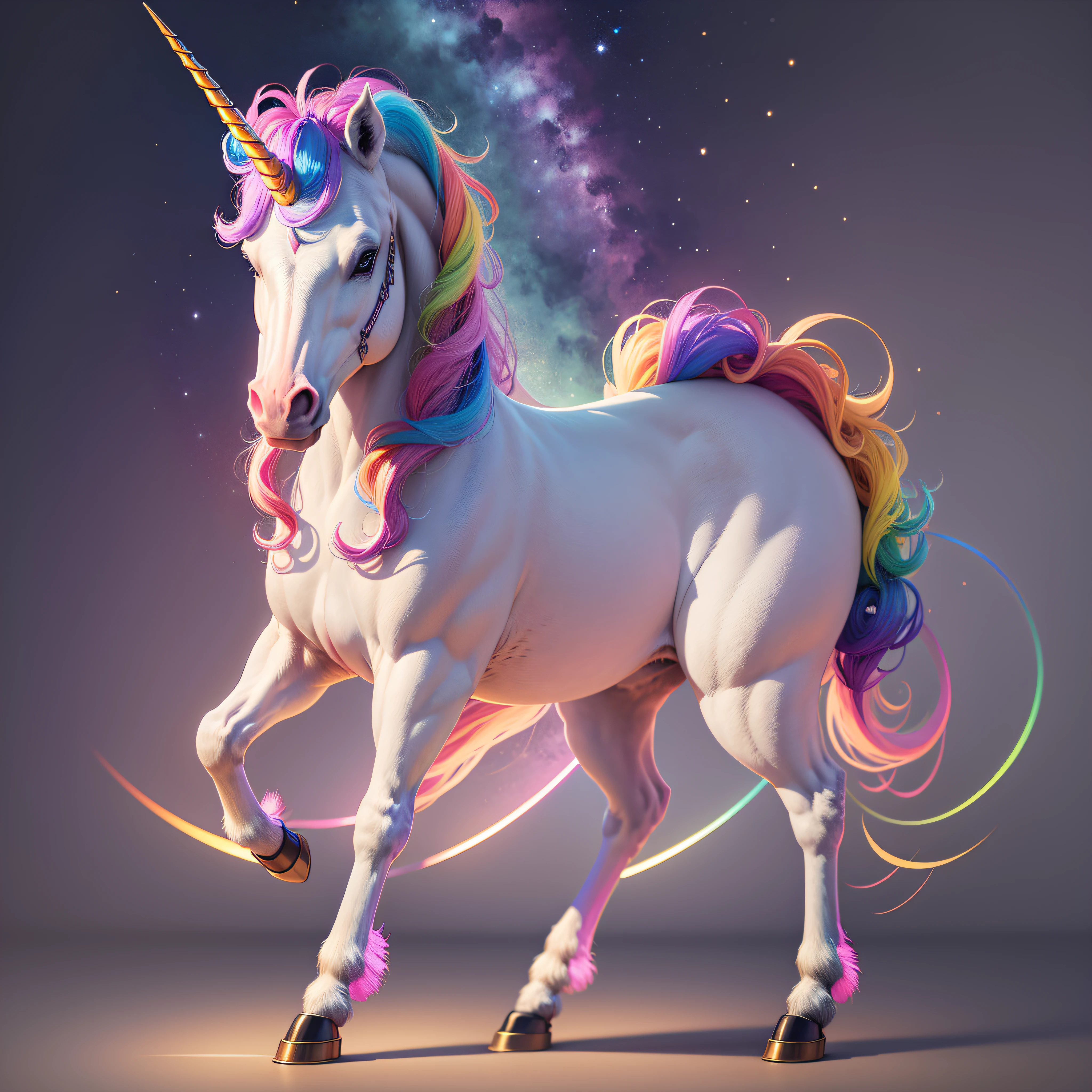 Unicorn, rainbow mane, raised front legs, full body, large halo, high resolution 8K, high quality, fine detail --auto --s2