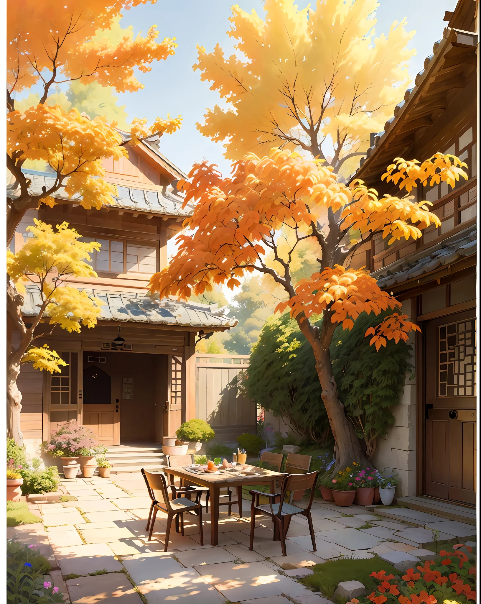 Draw a courtyard with tables and chairs and a tree, Chinese courtyard, the structure of the house is simple in Chinese, warm late autumn warm colors, tables and chairs in the yard, fruit plates on the table, flowers and plants around, beautiful artwork illustrations, landscape artwork, autumn, Zhou Chen, there is a persimmon tree, full of red persimmons, lens wide angle, far view, master works, anime background art, Studio Ghibli art, Studio Ghibli environment, beautiful digital painting, detailed scenery - width 672, Studio Ghibli style, Studio Ghibli Sunshine, beautiful digital artwork, painted by Ni Yuanlu, Studio Ghibli painting style