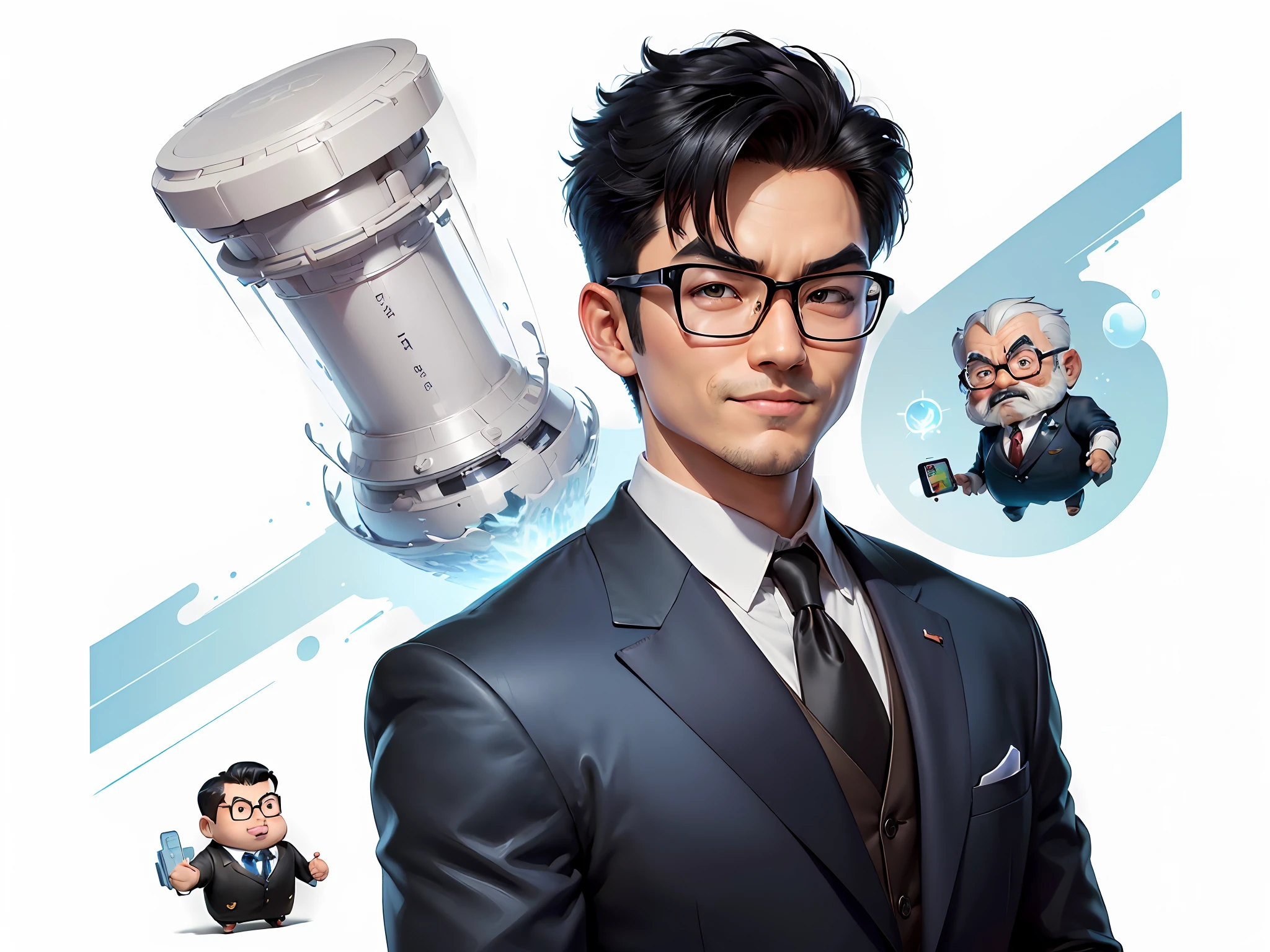 (((Masterpiece), (Excellent), (Super Meticulous), (Full Body: 1.2), Super Young Man, Oriental Face, Japanese Wind and Thunder God, Dragon, Tiger, TV Anchor, Bust Portrait Illustration, Alone, Black Formal Suit, Blue Tie, Slightly Chubby Face, Silver Glasses Face Very Clean No Beard, Black Super Short Hair, Black Eyes, Confident Smile, 3c Computer Sub-Products, iPad, iPhone, Digital Painting, 3D Character Design by Akira Toriyama and Mark Claireden and Pixar and Hayao Miyazaki, The illustration is a high-definition illustration in 4K resolution with very detailed facial features and cartoon-style visuals.