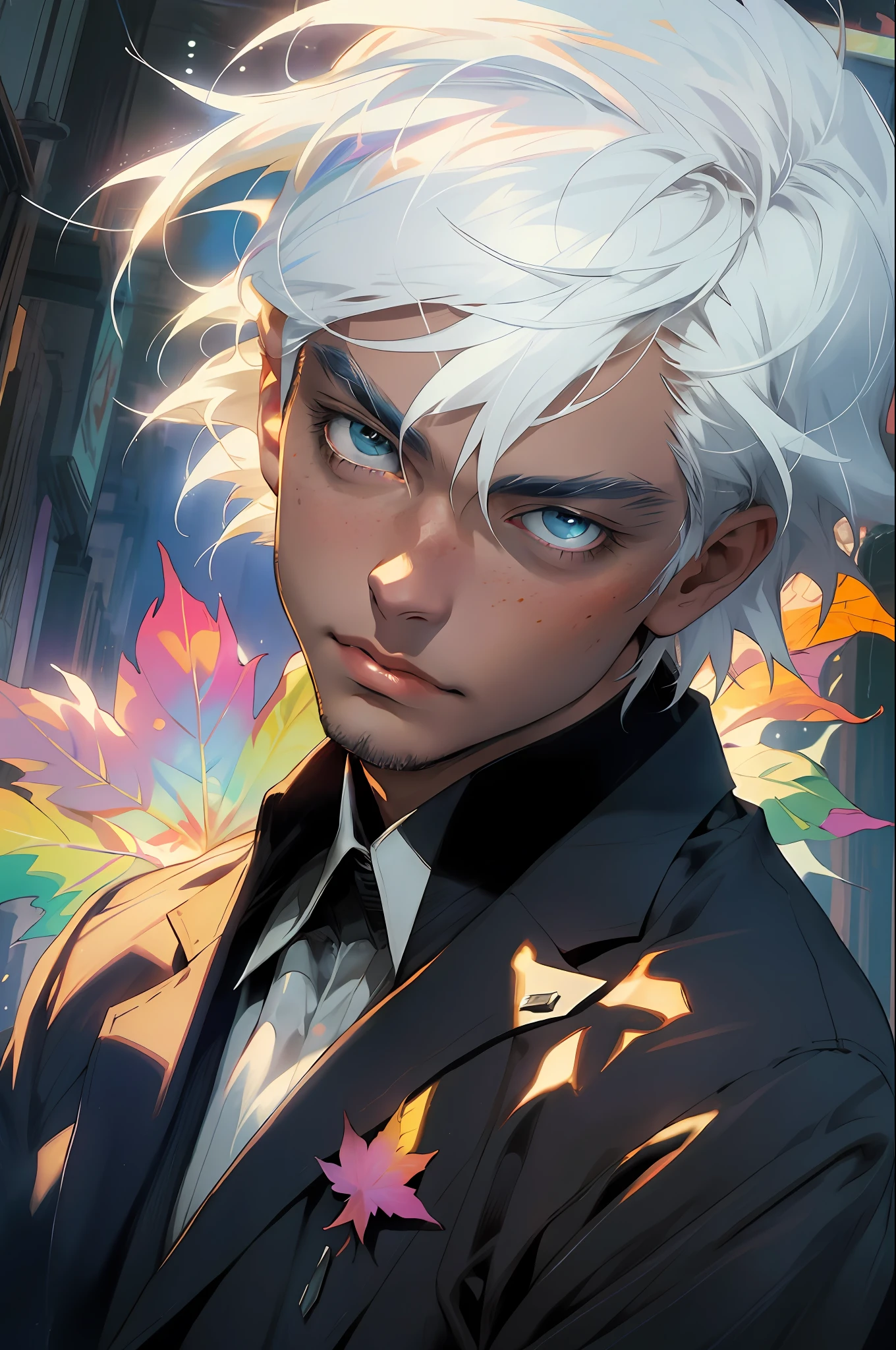 Realistic, (masterpiece, top quality, best quality, official art), very detailed, colorful, most detailed, god, short hair, white hair, mysterious, (magic), handsome man, maple leaf