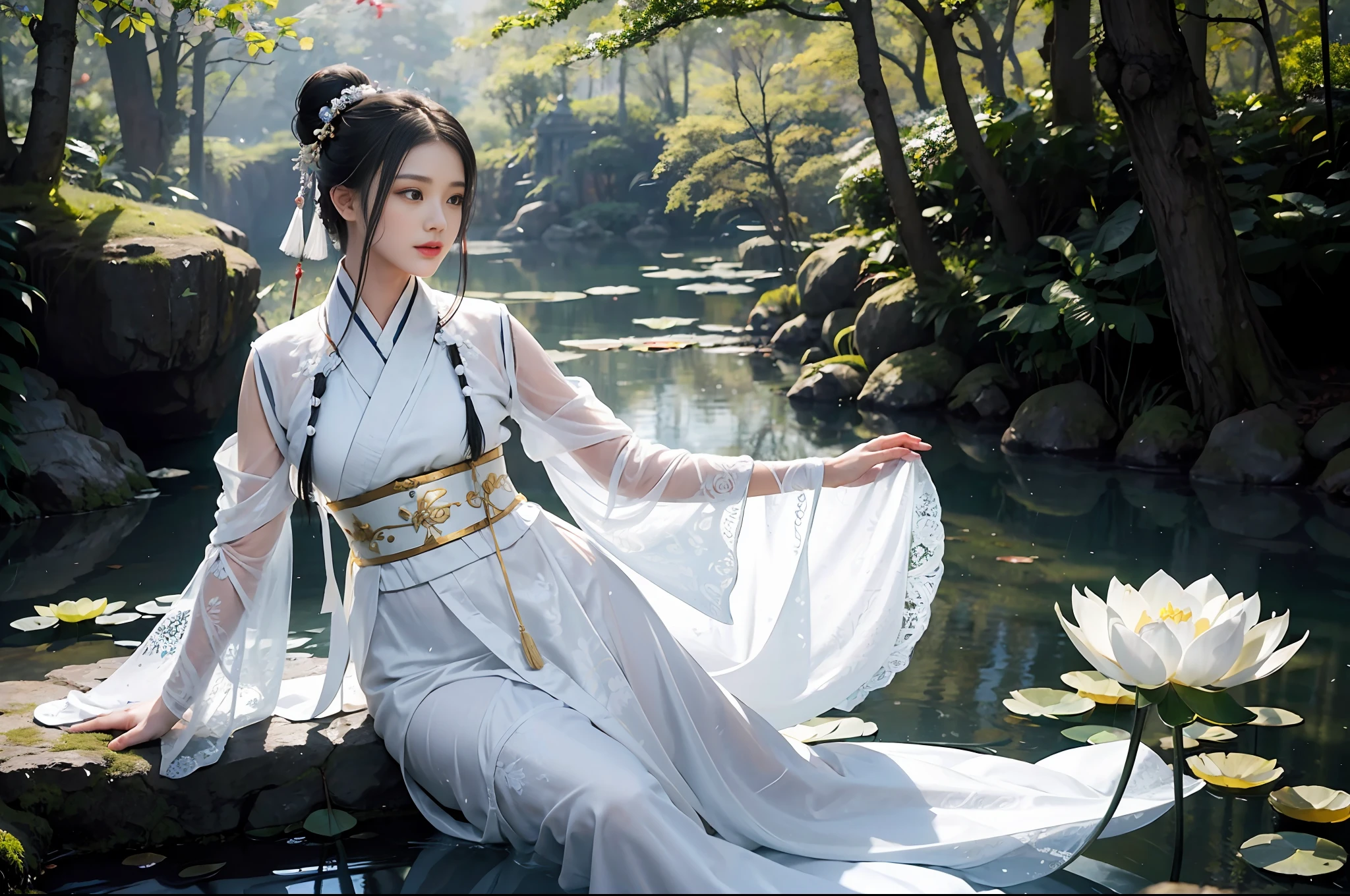 Realistic, close-up, intricate details, super detailed, natural skin texture, 1 girl, hair bundle, bun, beautiful Chinese woman in white hanfu robe cloak, fairy, white mist, golden light, white mist, outdoors, in Hangzhou West Lake, in ancient Chinese pavilion, (colorful, vivid, sunny, cool light: 1.2) lotus leaves in pond, delicate facial details, dynamic poses, exquisite details, wide field of view, epic details, global illumination - ar 3:2 - q 5 - v 5.1 - Style RAW-S 750, style influenced by ancient Chinese art, complex, high detail, sharp focus, dramatic, photorealistic painting art, lotus leaf, spring rain, bright, light, atmosphere, bright tones of spring, super detail, 16k, best quality, soft light, space, crystal clear, natural light, surreal photography,