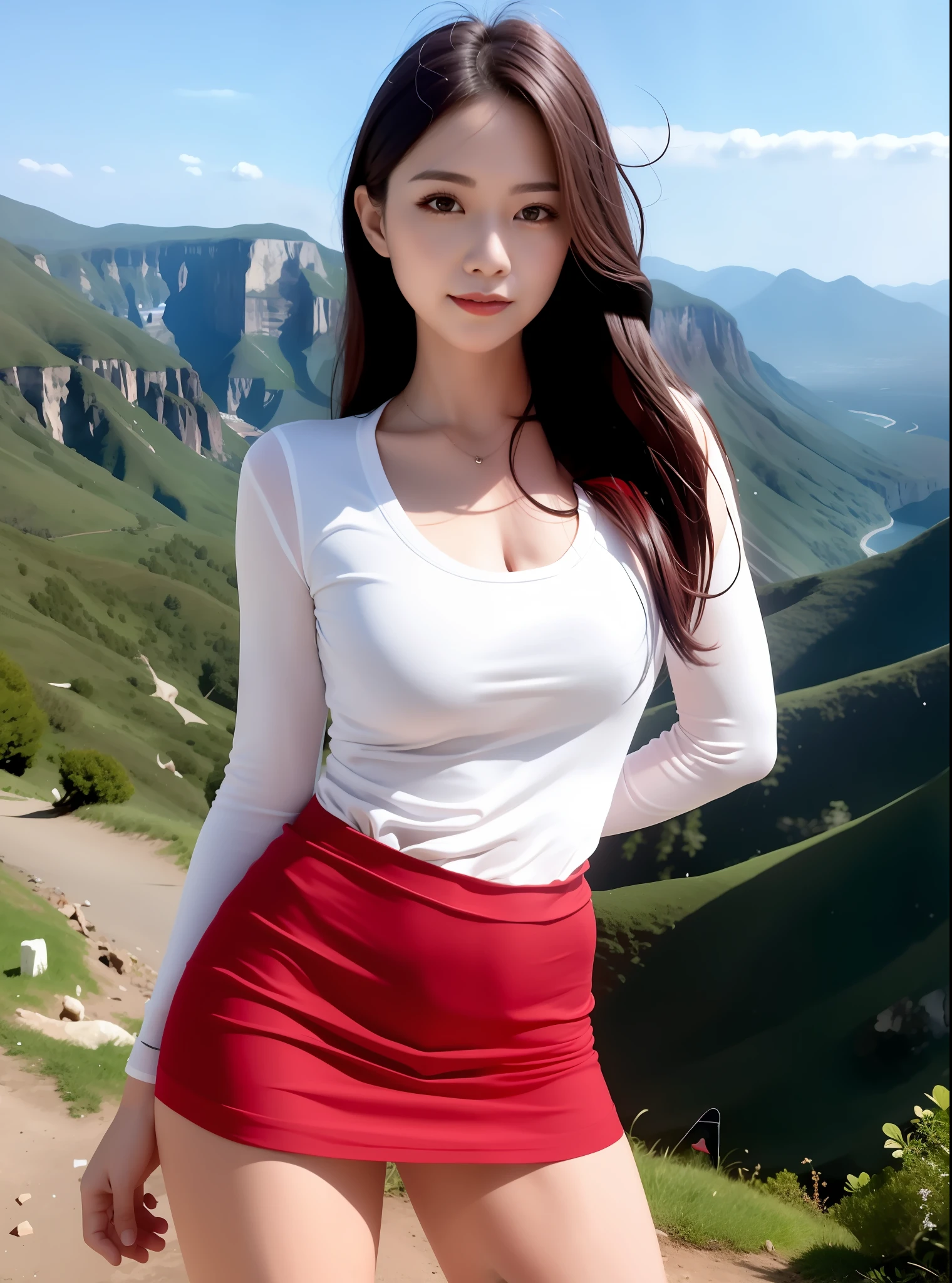 A woman in a red dress poses for a photo, long legs transparent black silk socks, sexy high heels, beautiful korean woman, high resolution