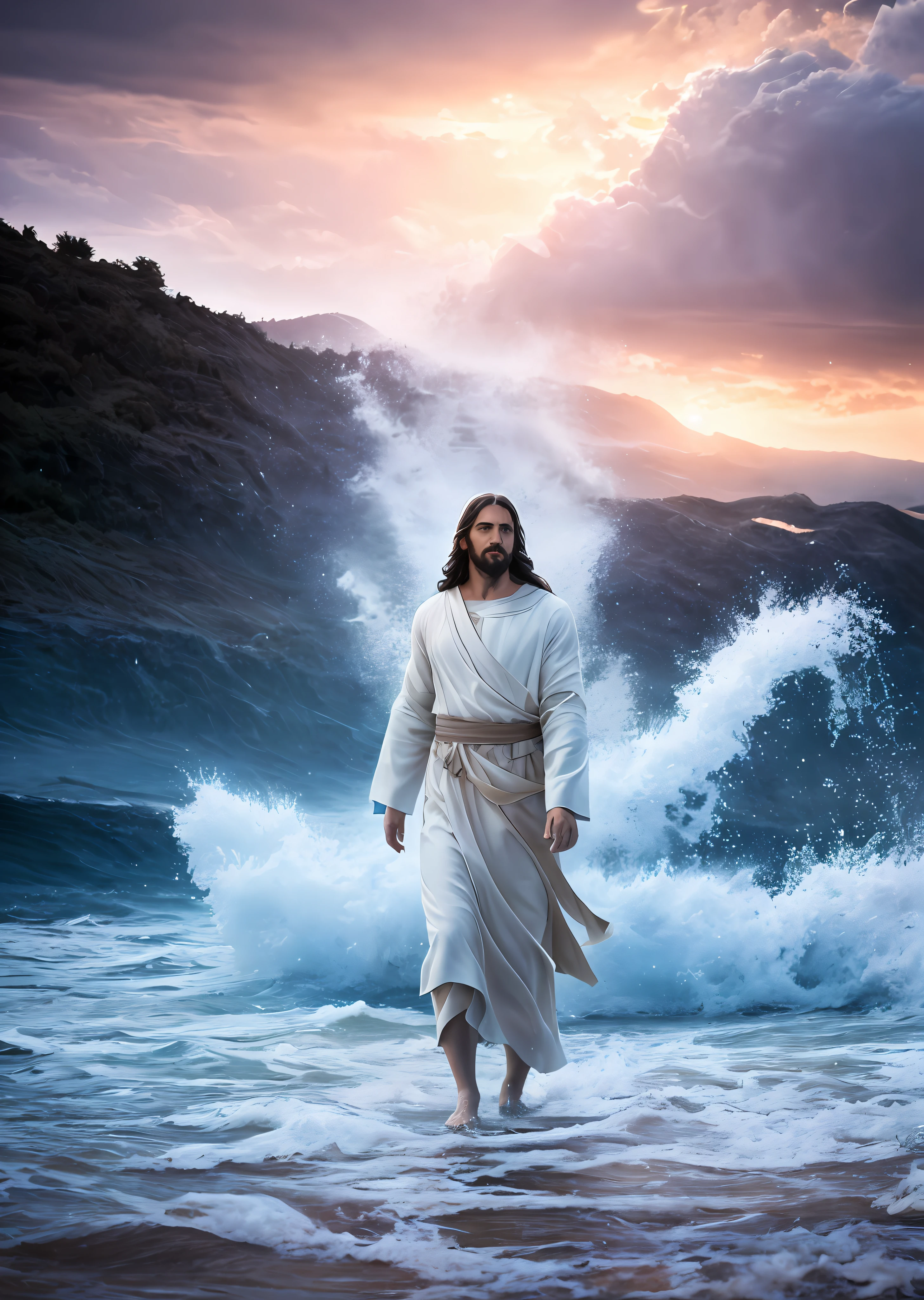 Jesus walking on water in a storm, gentle expression, streaks of light coming down from the sky, masterpiece, highest quality, high quality, highly detailed CG unit 8k wallpaper, award-winning photos, bokeh, depth of field, HDR, bloom, chromatic aberration, realistic, very detailed, trending at artstation, trending at CGsociety, complex, high detail, dramatic, mid-journey art, volumetric lighting