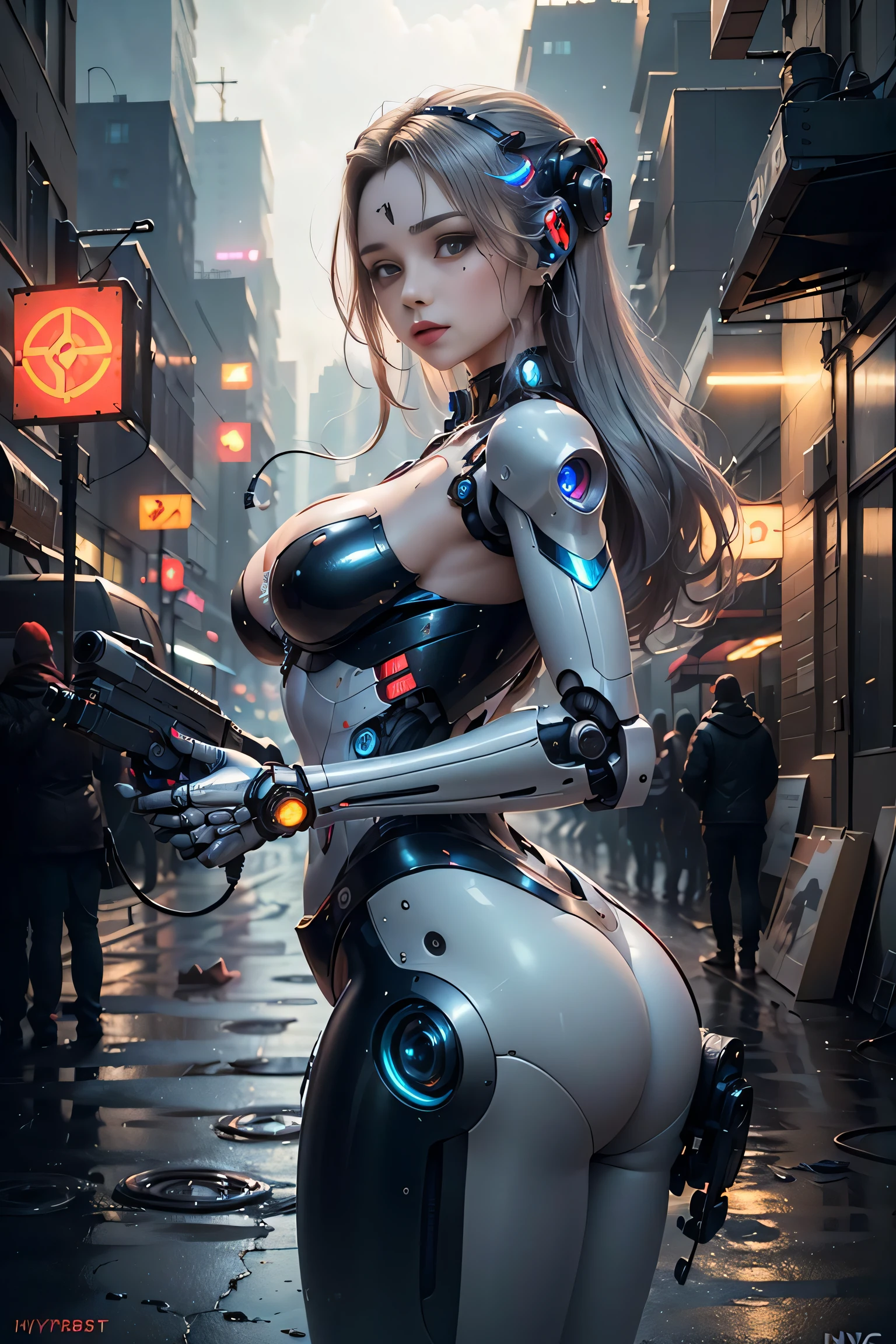 High Detail RAW color Photo,hyperrealistic,digital painting,wide shot,Full Shot,(lens flare:0.5), (bloom:0.5), portrait,(highly detailed, fine details, intricate), incredibly absurdres,(luxurious cyberpunk:1.4,Dystopian,sci-fi), concept art,ornate, from side,looking to the side,
1girl,Lucy \(cyberpunk\),European_Girls,(cute female arterial intelligence,robot, cyborg:1.5),(robotic parts,augmentations,mechanical arms, mechanical legs,silver halmet), (cybernetic implants:1.4,microchip,metal,electric wires,cable,silicone),grey eyes,asymmetrical hair, standing,(holding_weapon,battle_rifle,handgun),belt,(wearing shiny tight soft light suit,see-through white chemise), open jacket,detached sleeves,hip vent,metallic bone exposed,toned physique,slender,medium breasts exposure,breasts out,large ass, (pale skin),(detailed skin, diffused skin pores),HQ, angelic, decorations, embellishments,hard edge,
breathtaking,outdoors, ((in surreal planet Raphael Lacoste)),night, (electricity, bright neon colors,sprawling cyberpunk city skyline), turbulent storm, rain,smog,tendrils, spirals, dust,(((flying ships))), (badlands, observitory)