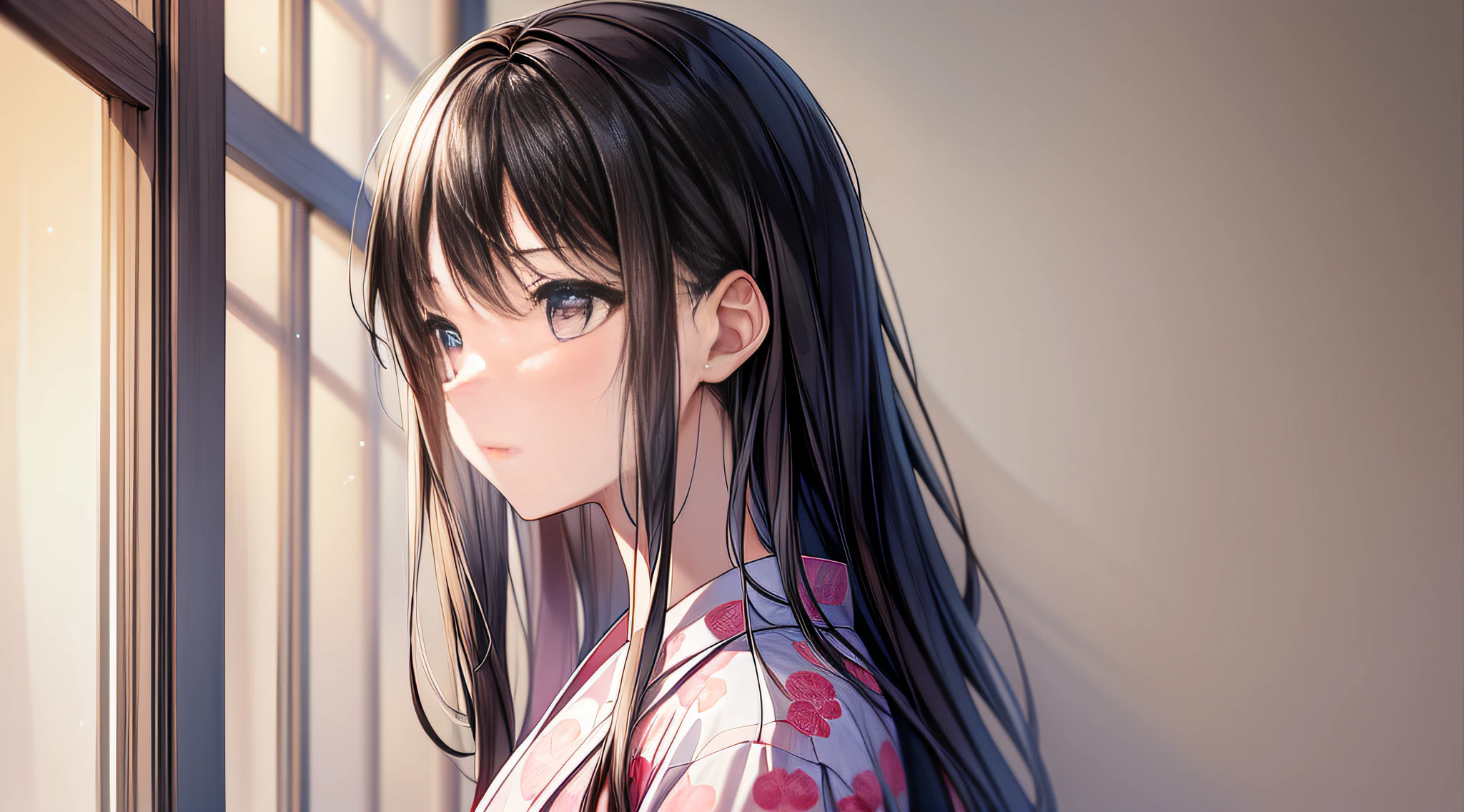 ((Masterpiece)), ((Best Quality)), ((Perfect Lighting)), Illustration, Perfectly drawn Eyes, Detailed Eyes, 8K, Official Wallpaper,
standing, cowboy shot, side view, looking far away, looking away, simple background,
((1 girl)), Solo, Cute, 20 years old, Black Long Straight Hair, Brown Eyes, Middle Chest, Sad,
White and pink yukata with morning glory print,