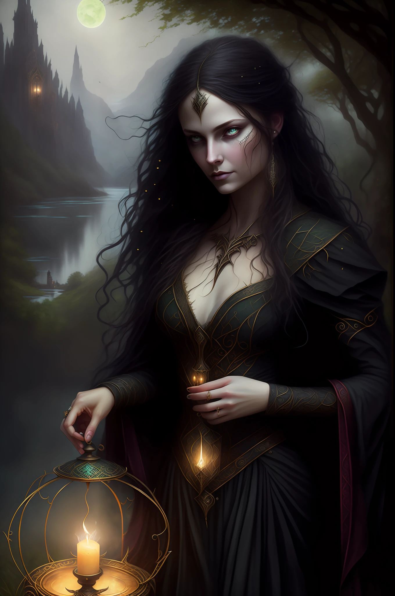 a woman with piercing green eyes in a black dress holding an antique gothic style lantern, in front of a lake, full-length portrait, dark sorceress, dark fantasy concept art, gothic fantasy art, a beautiful sorceress, dark fantasy mixed with realism, dark fantasy art, dark and dark forest scenery, high resolution, 8k, oil painting, fineart, soft and finely marked details, stylized painting by John Waterhouse