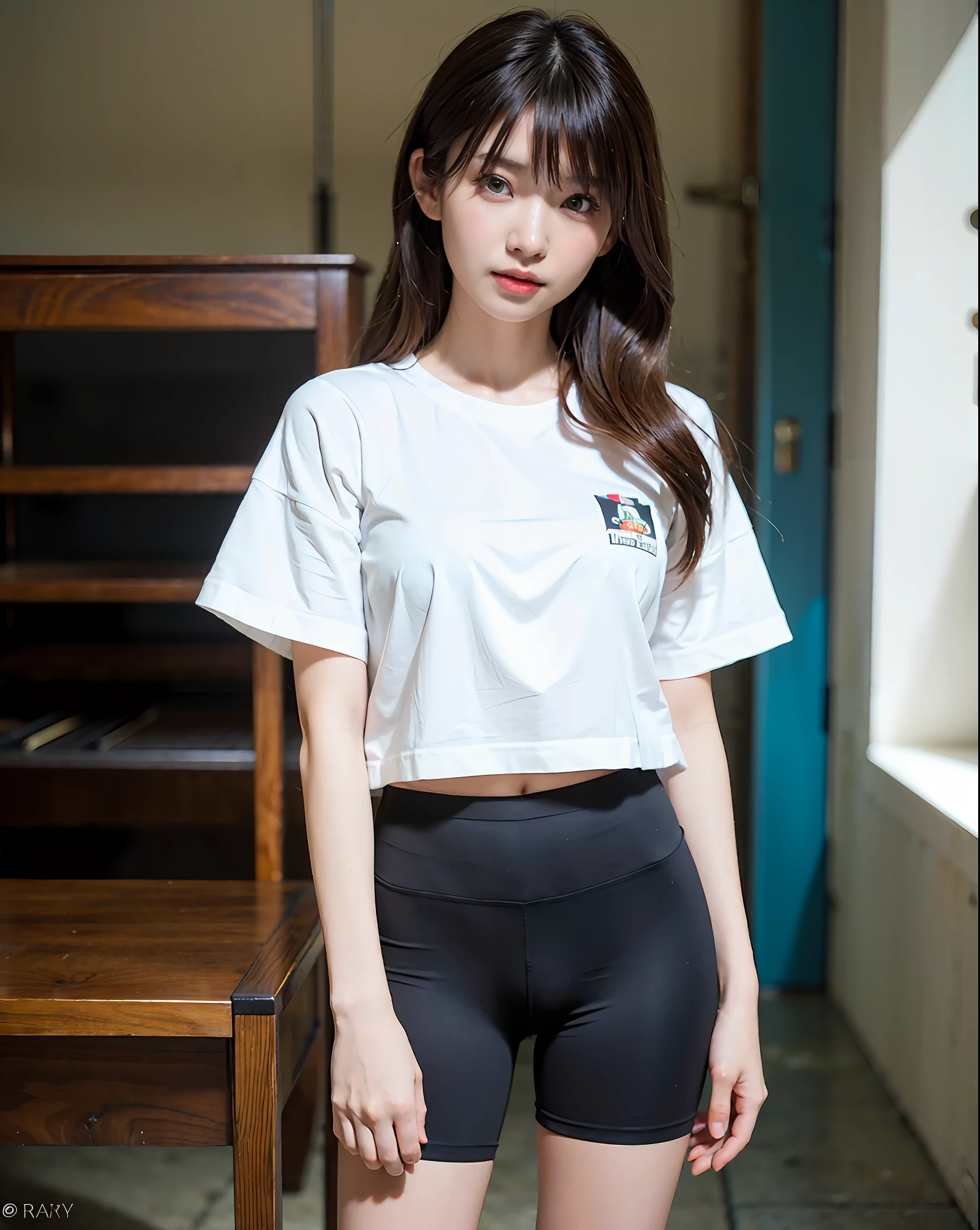 masterpiece, masterpiece, best quality, best quality, real, unity, 8k wallpaper, official art, highly detailed cg unity 8k wallpaper, ulzzang-6500, one girl, cute, professional lighting, ((long black spandex shorts: 1.37)), long hair, disheveled hair, (original: 1.2), (real: 1.4), ultra detailed, high resolution, ultra detailed, fantastic, Fine details, cinematic lighting, simple costumes, detailed clothing textures, (8k, RAW photos, highest quality, masterpiece: 1.27), (realistic, photorealistic: 1.37), physically based rendering, handsome, masterpiece, highest quality, high resolution,
(White naked oversized T-shirt: 1.2)