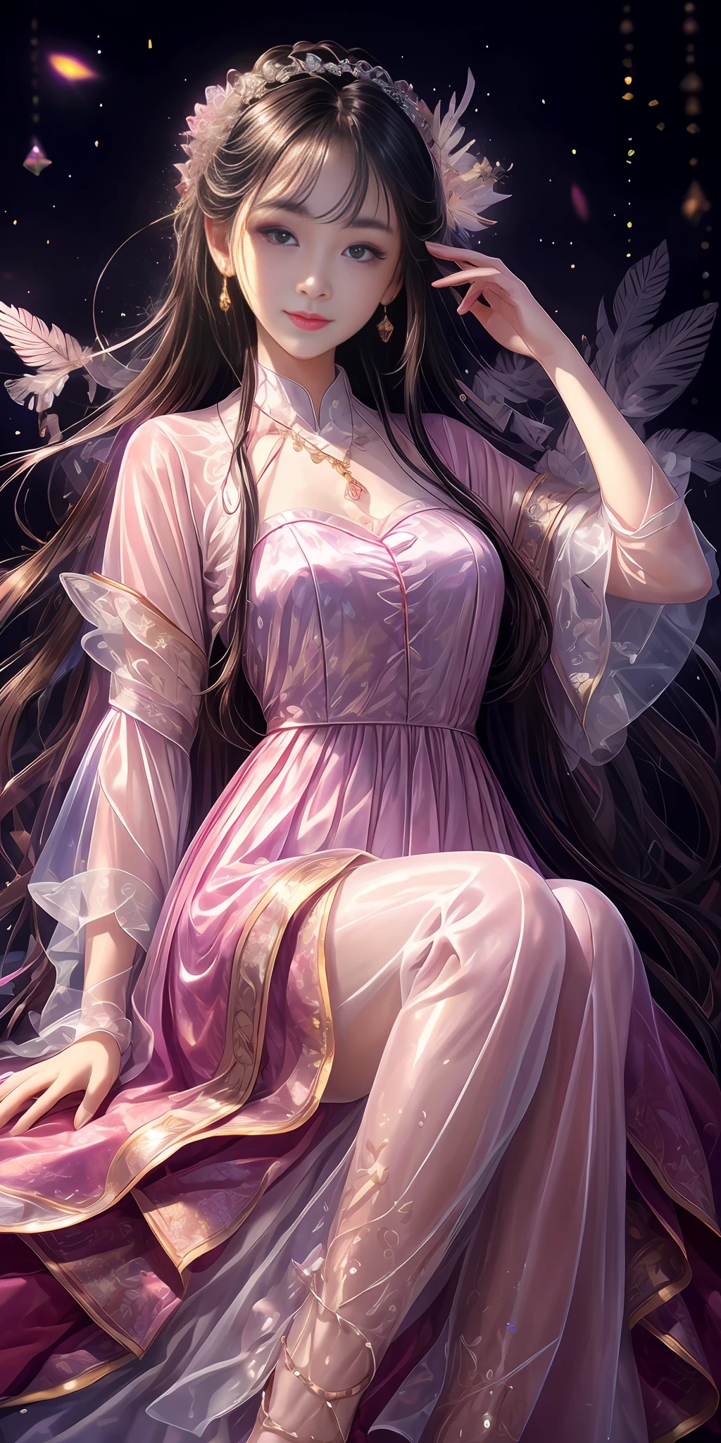 (best quality, masterpiece, high resolution, glow, flood, lens glare, wide angle), sunlight, full body, 1 [Chinese|Russian|Japanese|Korean] girl, ((plum:1.1) clothes), necklace, jewelry, long hair, earrings, super delicate face, beautiful face, full face blush, （perfect eyes）and ( long eyelashes: 1.4), giggle, glowing pupils, (white stockings: 0.9), realism, (high detail skin: 1.2), 8k ultra hd, DSLR, high quality, volumetric lighting, frankness, high resolution, 4K, 8K, background bokeh, dream forest, radiant garlic, feather drop effect, morning, foreground, f/16