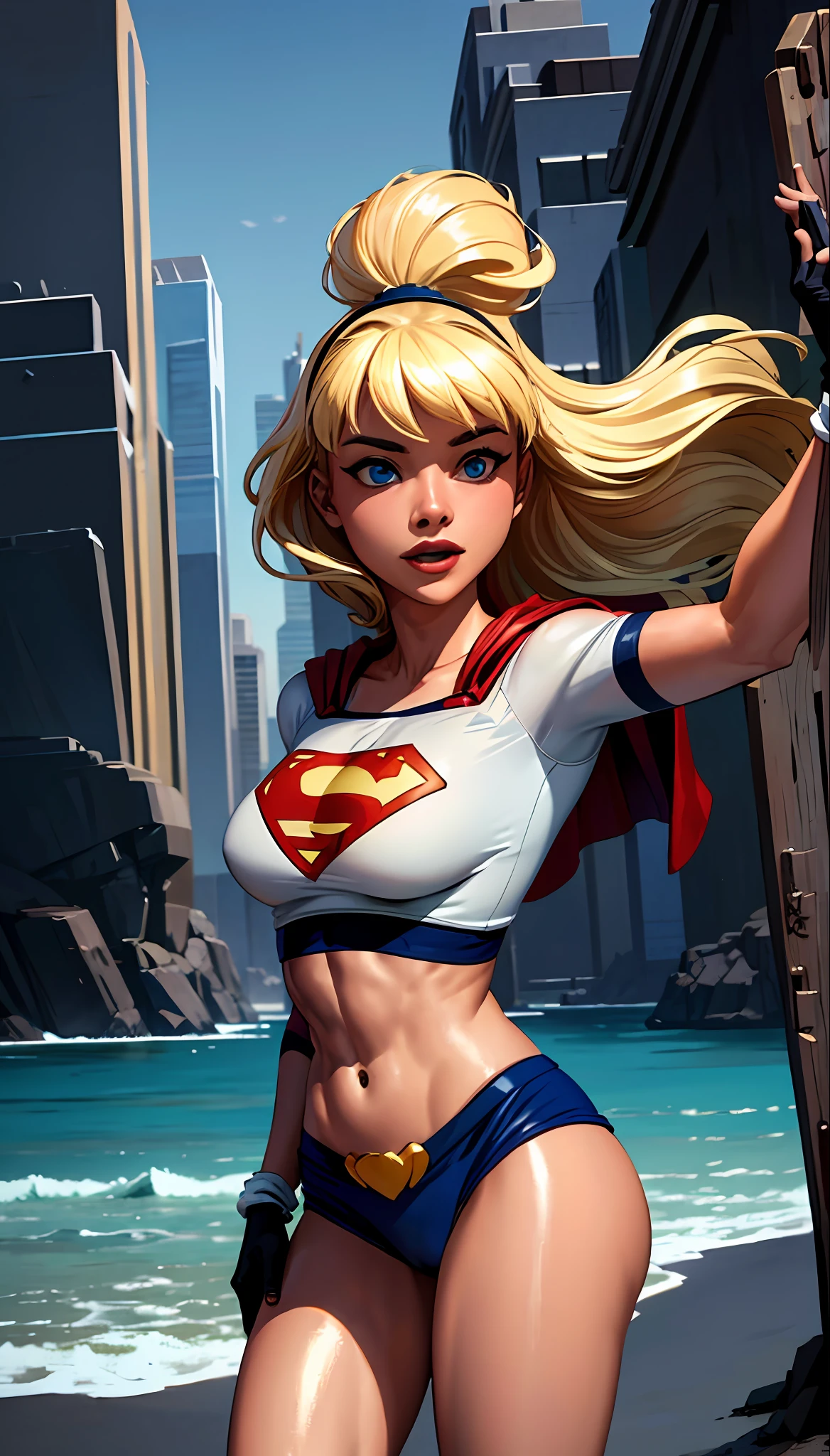 (cowboy shot), SFW, (masterpiece), (best quality: 1.0), (ultra highres: 1.0), detailed eyes,
BREAK
Supergirl, 1girl, long blonde hair, in the air, flying
hair band, \(blue\) crop top, bra, micro bikini, gloves, boots
BREAK
(Morning sun, beautiful beaches, beautiful trees, stunning view)