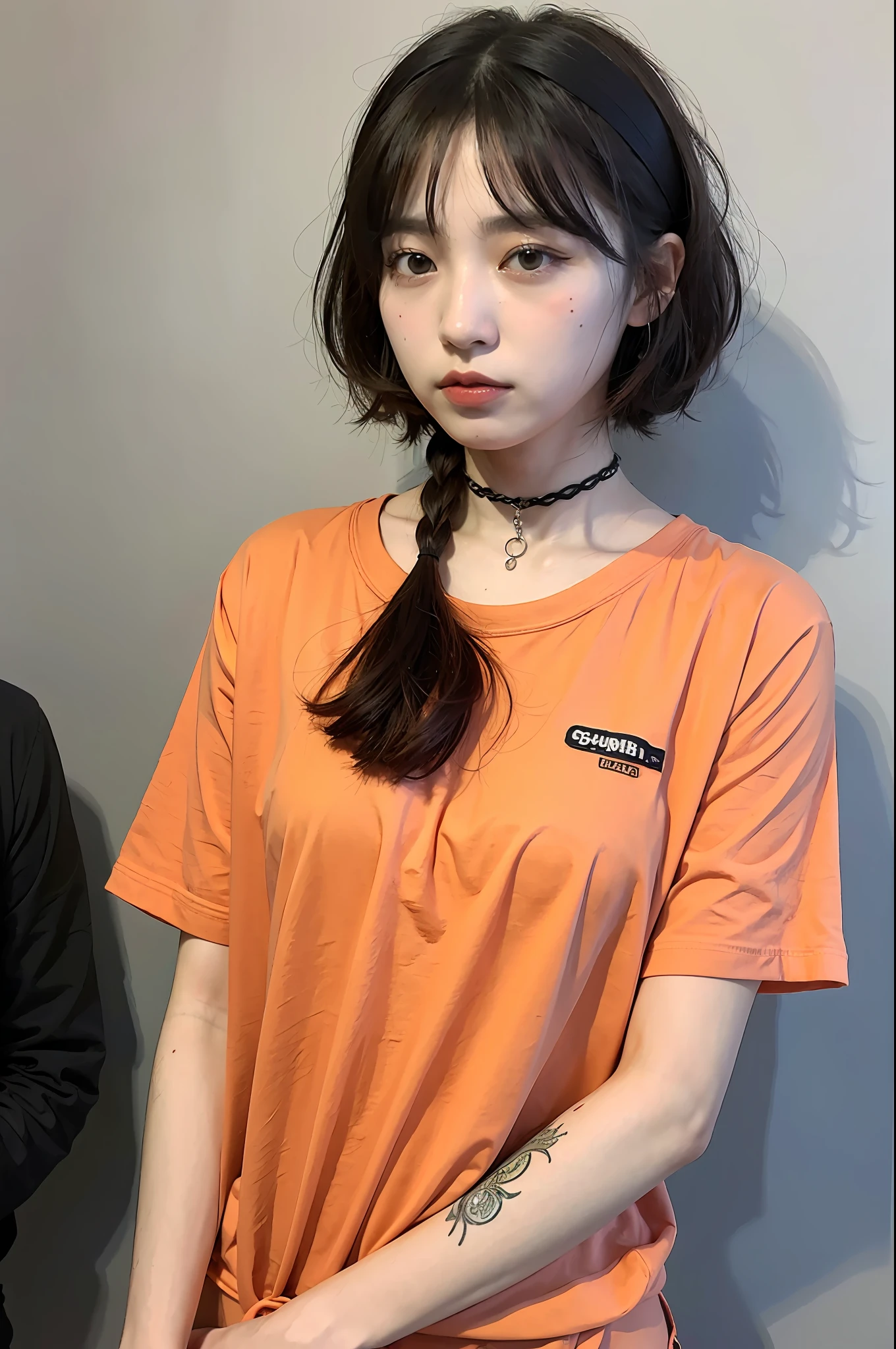 (8k:1.27), best quality, masterpiece, ultra highres:1.2), arrested cute goth japanese delinquent girl with arm tattoos, tattooed girl, full body picture, orange oversized knotted prisoner t-shirt with black letters, short big sleeves, orange inmate prison uniform, dyed pink hair, short bob hairstyle, hair pulled back, in a prison cell, handcuffed, submissive neck choker, 4k or 8k picture, looking disgusted, paisley bandana ribbon hairband
