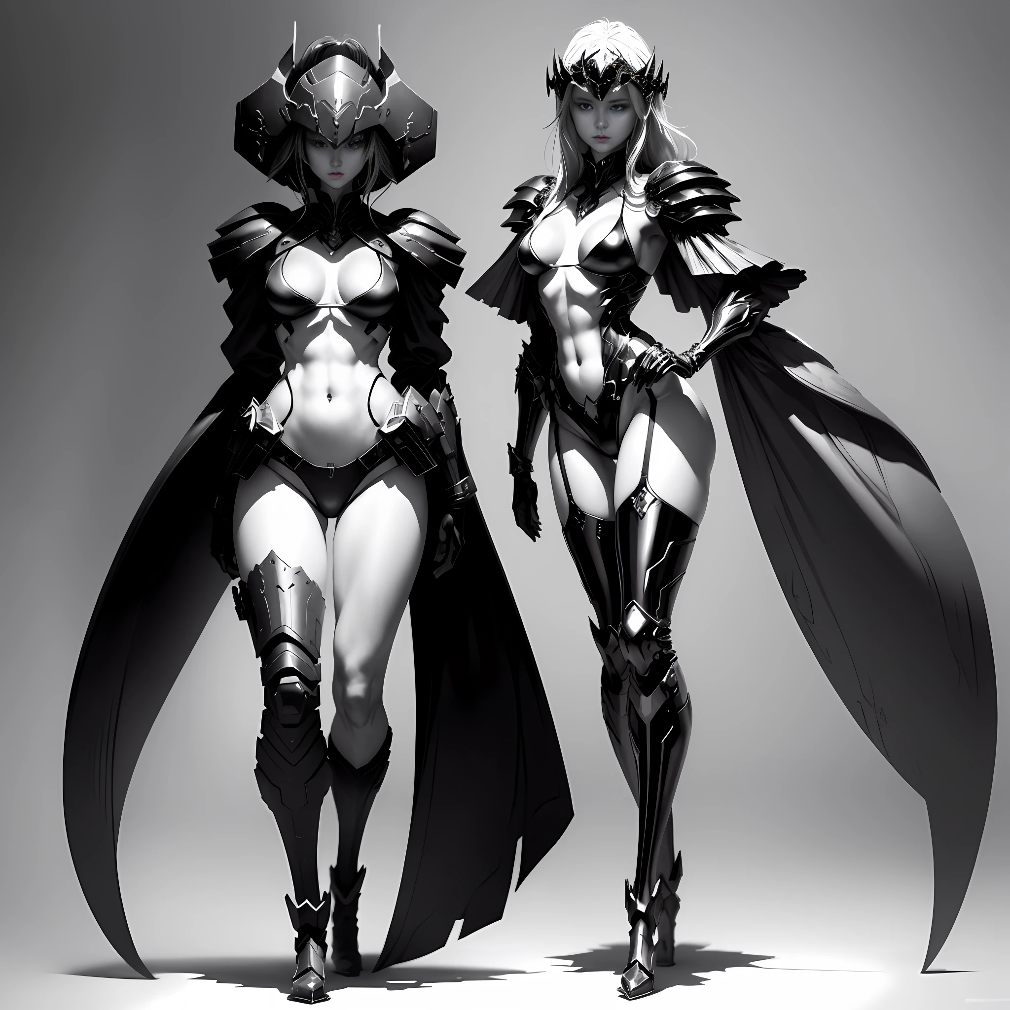 Masterpiece, 8k wallpaper, great black and white anime artwork master, black and white art, pen art, sexy tribe mature female general wearing white sexy armor in magnificent wilderness world land, full body, helmet on head, full body size, very small white bikini, mature body, slender figure and legs, perfect figure, exquisite facial details, beautiful character painting, exquisite fan art, high detail, full body standing, full body fairy, from sungmoo heo, Bernie Wrightson, the ultimate in dark art, perfect model height, intense expressions, soft professional cinema lighting, light and shadow following, perfect contour light
