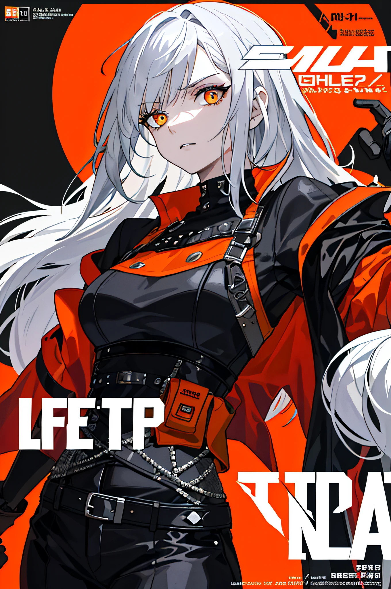 (((dramatic))), (((gritty))), (((intense)))) The movie poster features a young woman as the central character. She stands confidently in the center of the poster, dressed in fashion-forward clothing, has silver hair, front bangs with a little bright orange-red, and a determined expression on her face. The background is dark and gritty, with a sense of danger and intensity. The text is bold and eye-catching, with catchy slogans that add to the overall drama and excitement. The color palette is dominated by dark colors, dotted with bright colors, giving the poster a dynamic and visual impact, tachi-e (magazine:1.3), (cover-style:1.3), fashionable, woman, vibrant, outfit, posing, front, colorful, dynamic, background, element, confident, expressive, holding, statement, attachment, majestic, coiled, around, touch, scene, text, cover, bold, eye-catching, title, fashion, font, catchy, title, bigger, eye-catching, modern, trendy, focused, stylish,