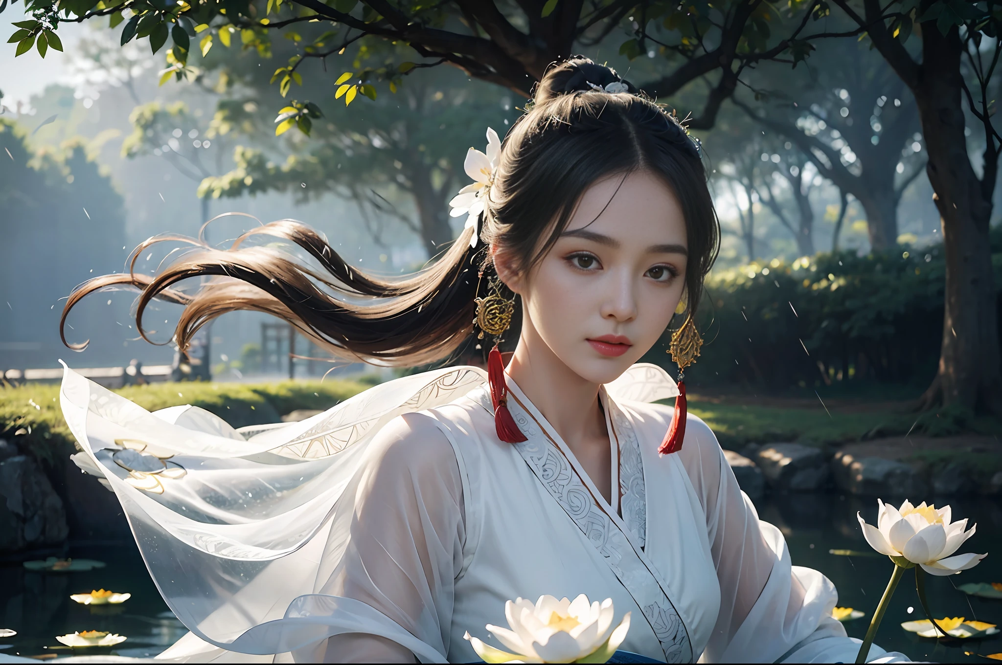 Realistic, close-up, intricate details, super detailed, natural skin texture, 1 girl, hair bundle, bun, beautiful Chinese woman in white hanfu robe cloak, fairy, white mist, golden light, white mist, outdoors, in Hangzhou West Lake, in ancient Chinese pavilion, (colorful, vivid, sunny, cool light: 1.2) lotus leaves in pond, delicate facial details, dynamic poses, exquisite details, wide field of view, epic details, global illumination - ar 3:2 - q 5 - v 5.1 - Style RAW-S 750, style influenced by ancient Chinese art, complex, high detail, sharp focus, dramatic, photorealistic painting art, lotus leaf, spring rain, bright, light, atmosphere, bright tones of spring, super detail, 16k, best quality, soft light, space, crystal clear, natural light, surreal photography,