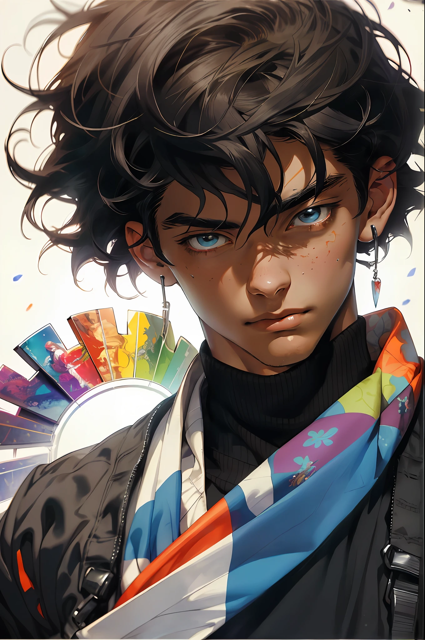 Realistic, (masterpiece, top quality, best quality, official art), very detailed, colorful, most detailed, gods, short hair, black hair, mysterious, (magic), handsome man, snowflake