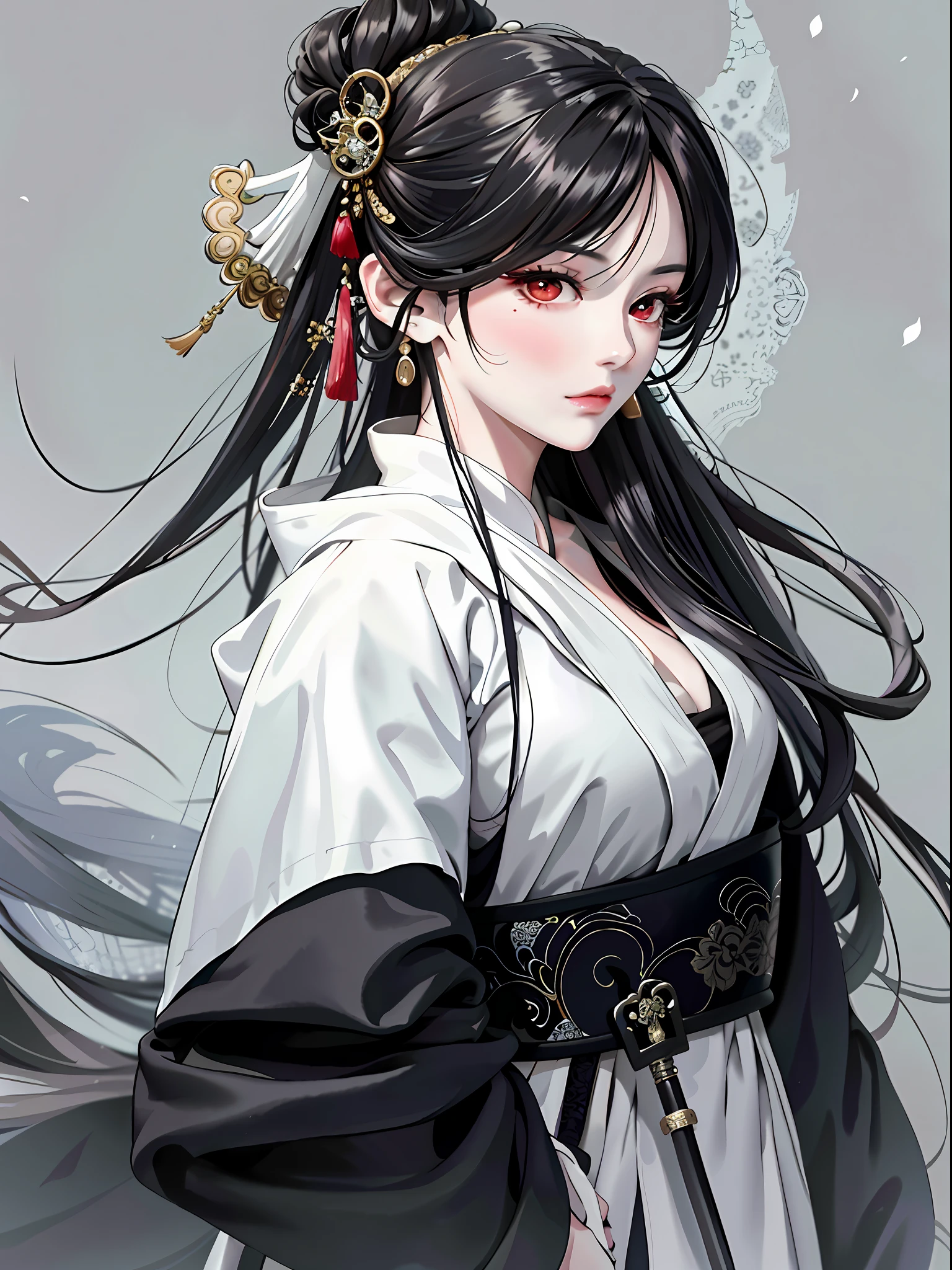 Masterpiece, Superb Style, Rainy Day, Chinese Style, Ancient China, 1 Woman, Ink Painting, Mature Woman, Silver-White Long Haired Woman, Hair Over Shoulder, Pale Pink Lips, Indifference, Seriousness, Bangs, Assassin, Sword, White Clothes, Blood, Facial Bloodstain, Facial Details, Correct Proportions, This painting was created in the Guweiz style and depicts an oil painting of a woman with long hair. The entire painting features a palette of white and black. The woman's face is very realistic female faces, which are loved by the audience. It is presented in the meticulous drawing method of Gongbi. The women's white hair is like snow, the eyes seem to be full of watery red eyes, exuding a mysterious atmosphere, the women are dressed in elegant and exquisite clothing, and the whole painting shows a high degree of skill.